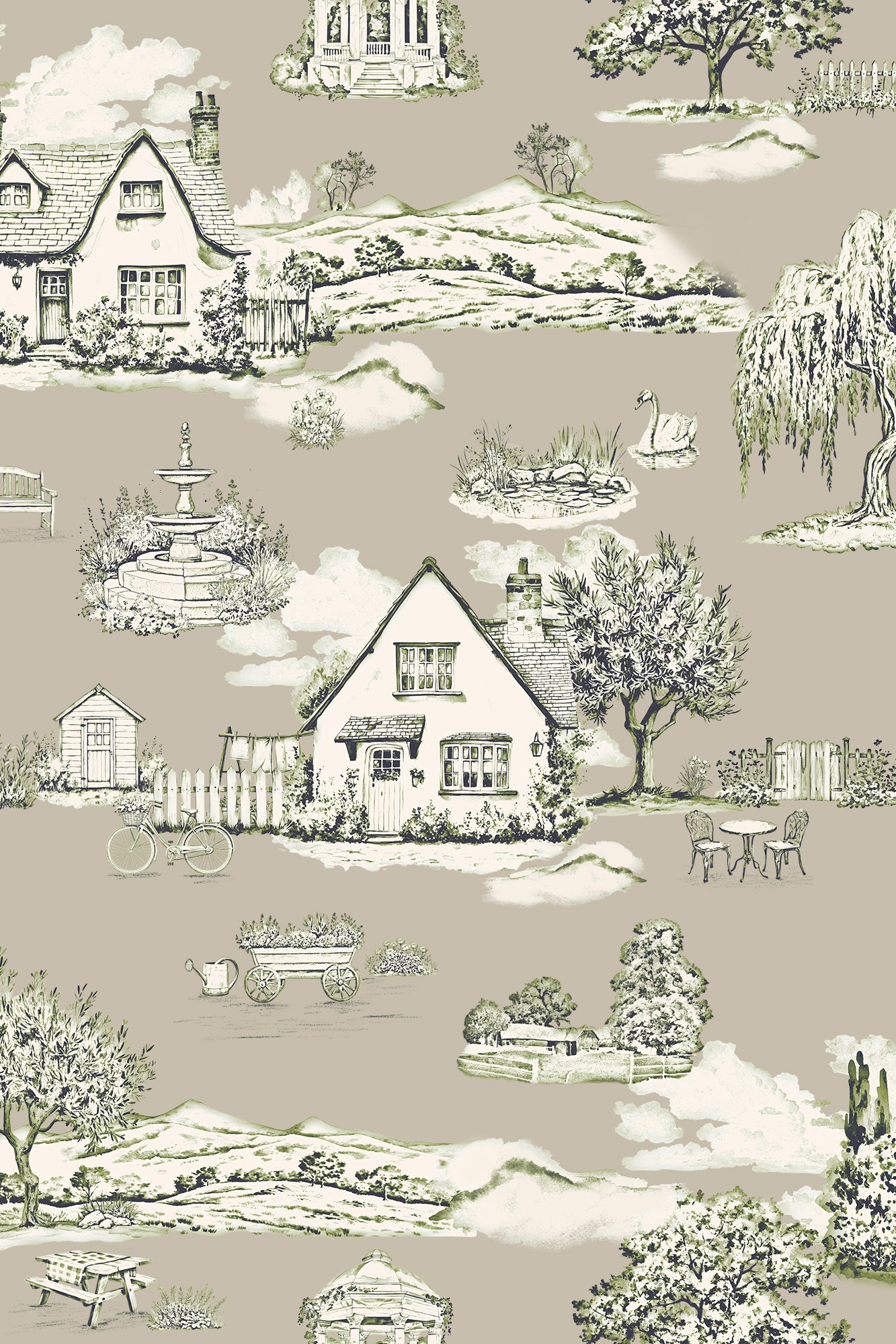 Mabel Green & White Scenic Sketch English Countryside Wallpaper - Removable Wallpaper (Peel & Stick)