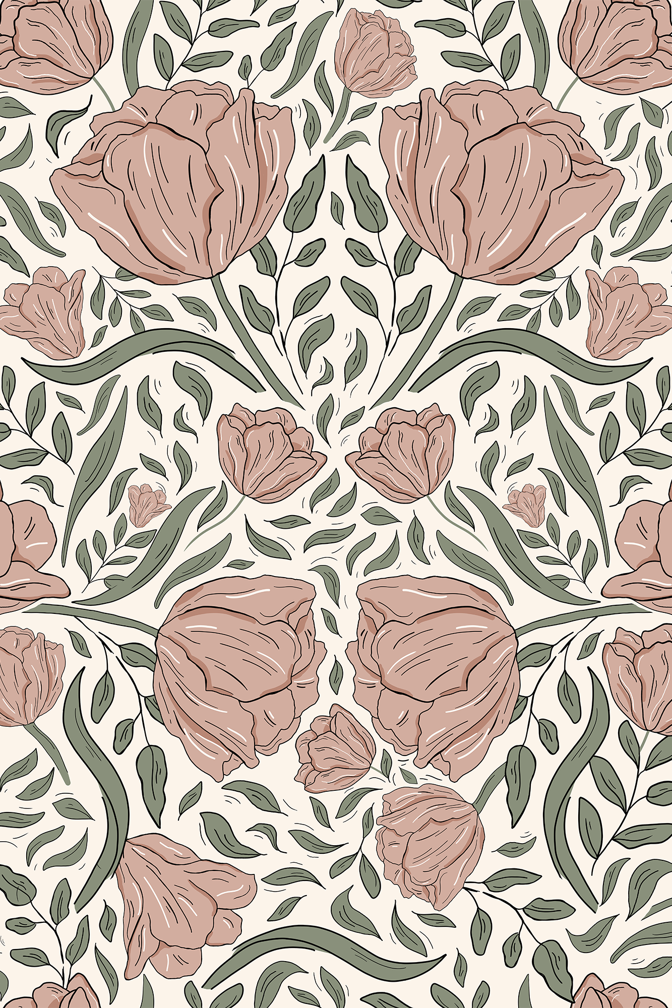 Martha Pink and Green Tulip Trail Wallpaper - Removable Wallpaper (Peel & Stick)