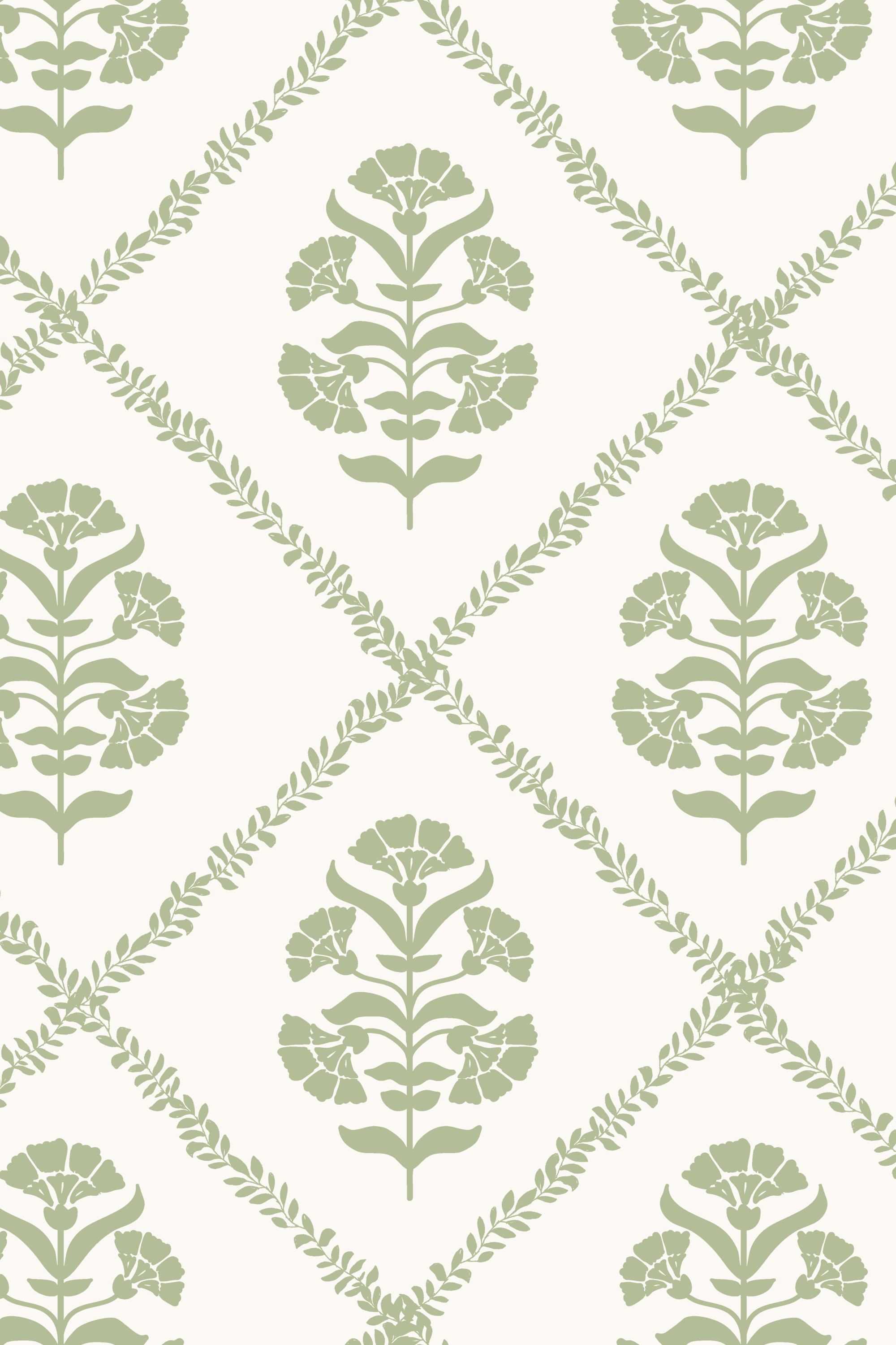 Posy Green & White Block Print Floral Trellis Wallpaper - Removable Wallpaper (Peel & Stick)