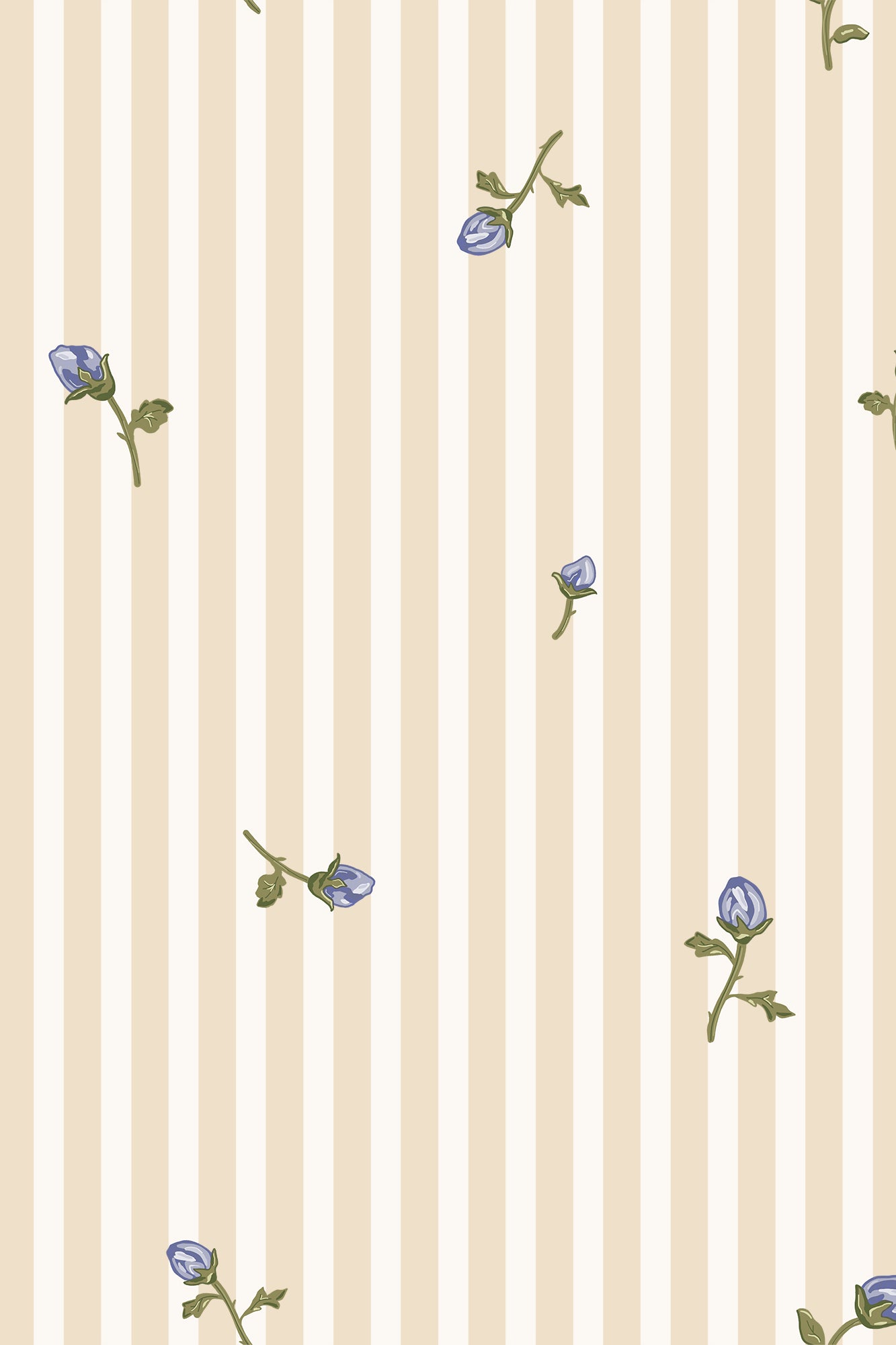 Rosabelle Cream & Blue Ditsy Rose Bud Striped Wallpaper - Removable Wallpaper (Peel & Stick)