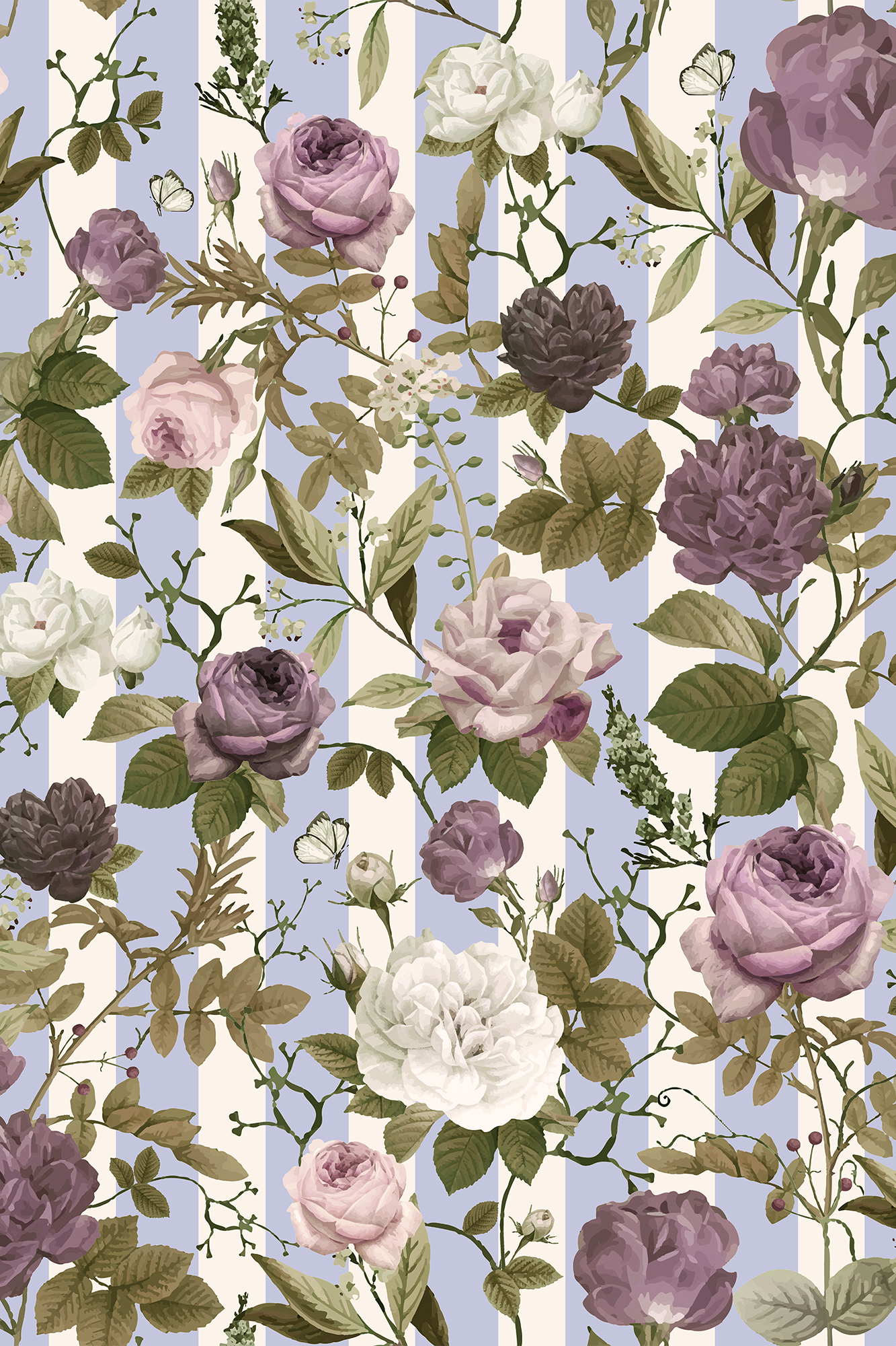 Rosalie White & Lilac Striped Floral Vintage Rose Wallpaper - Removable Wallpaper (Peel & Stick)