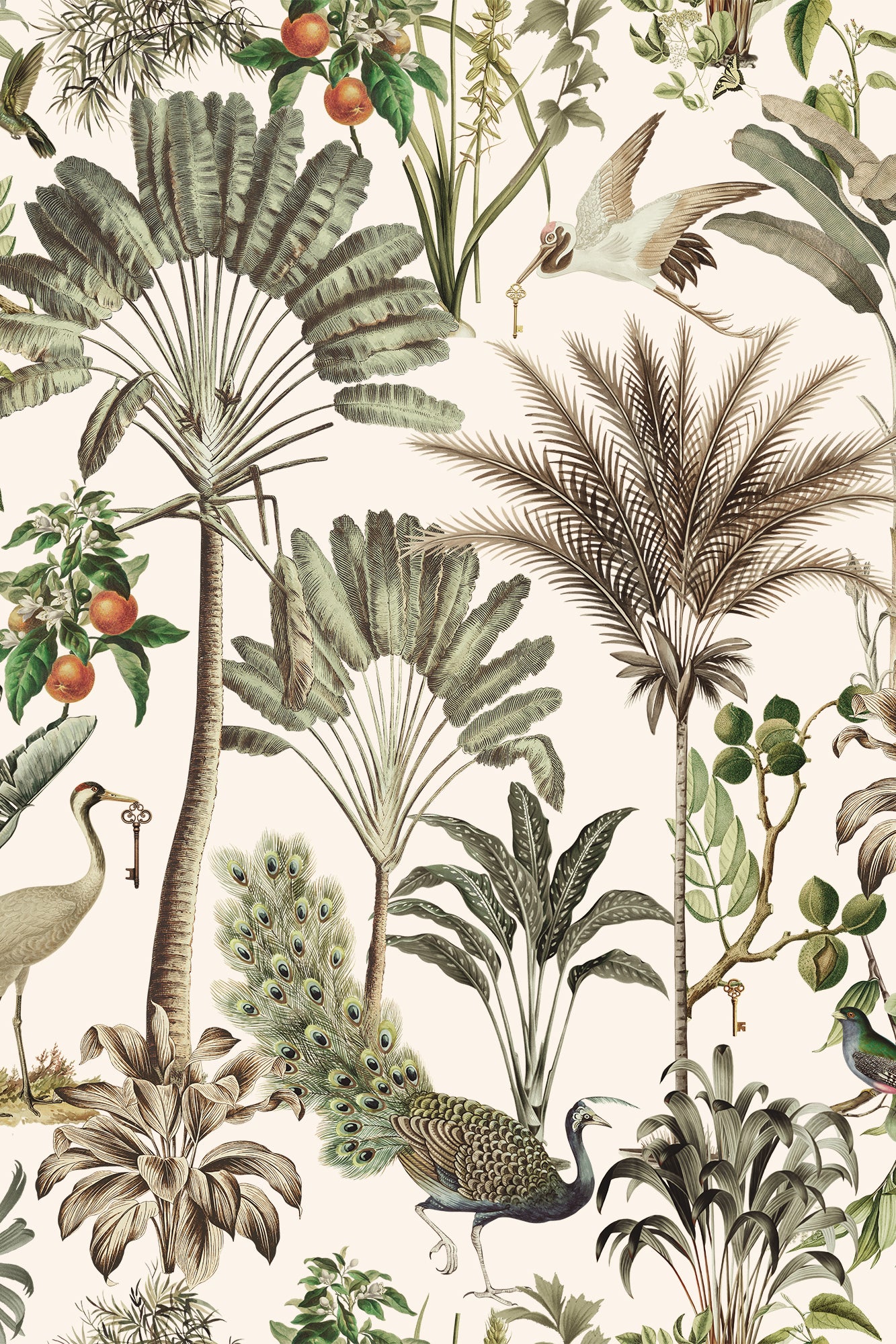 Royal Daya Neutral Green Elegant Bird and Palms Wallpaper - Removable Wallpaper (Peel & Stick)