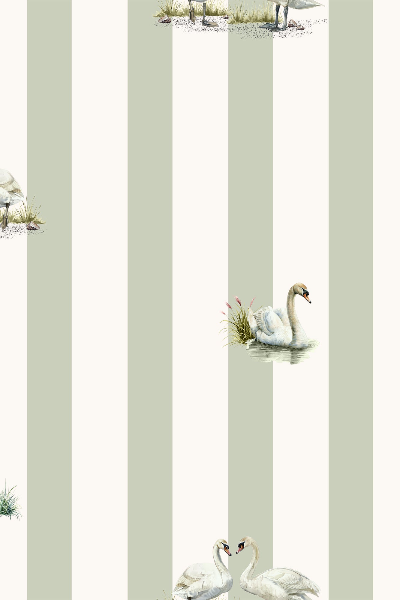 Sadie Green & White Swan Striped Wallpaper - Removable Wallpaper (Peel & Stick)