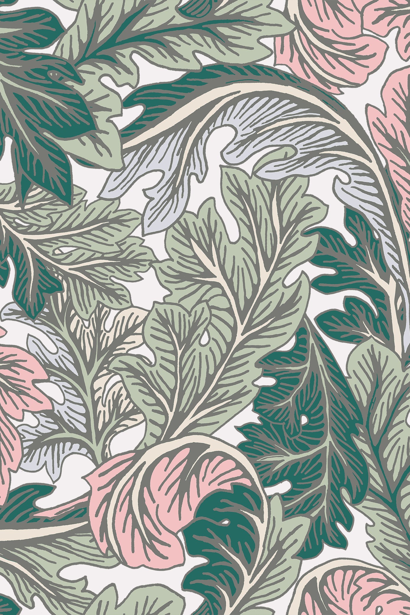 Agatha Pink & Teal Art Nouveau Acanthi Leaf Wallpaper - Removable Wallpaper (Peel & Stick)