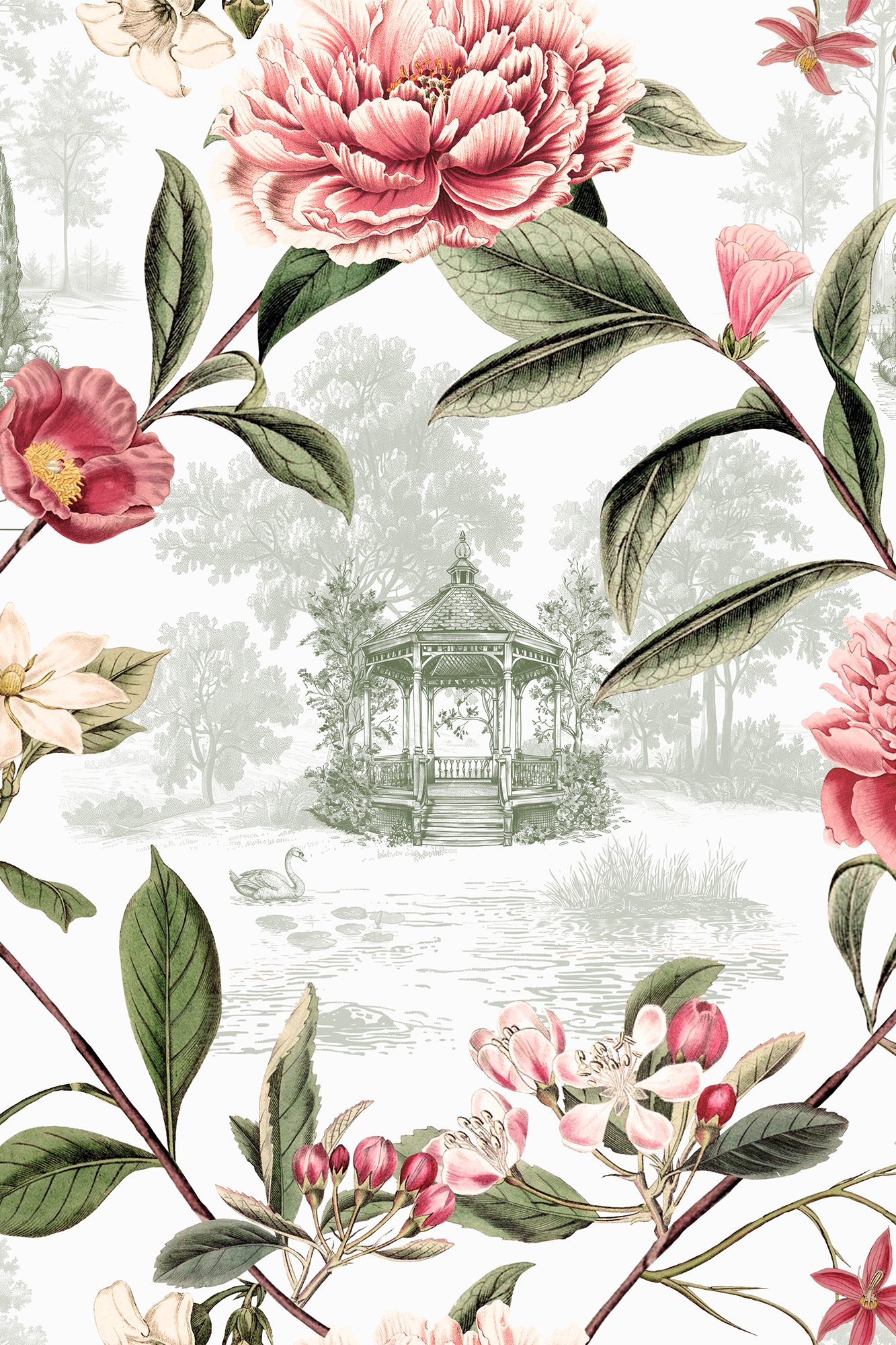 Aspen Pink and Green Secret Garden Floral Trellis Wallpaper - Removable Wallpaper (Peel & Stick)
