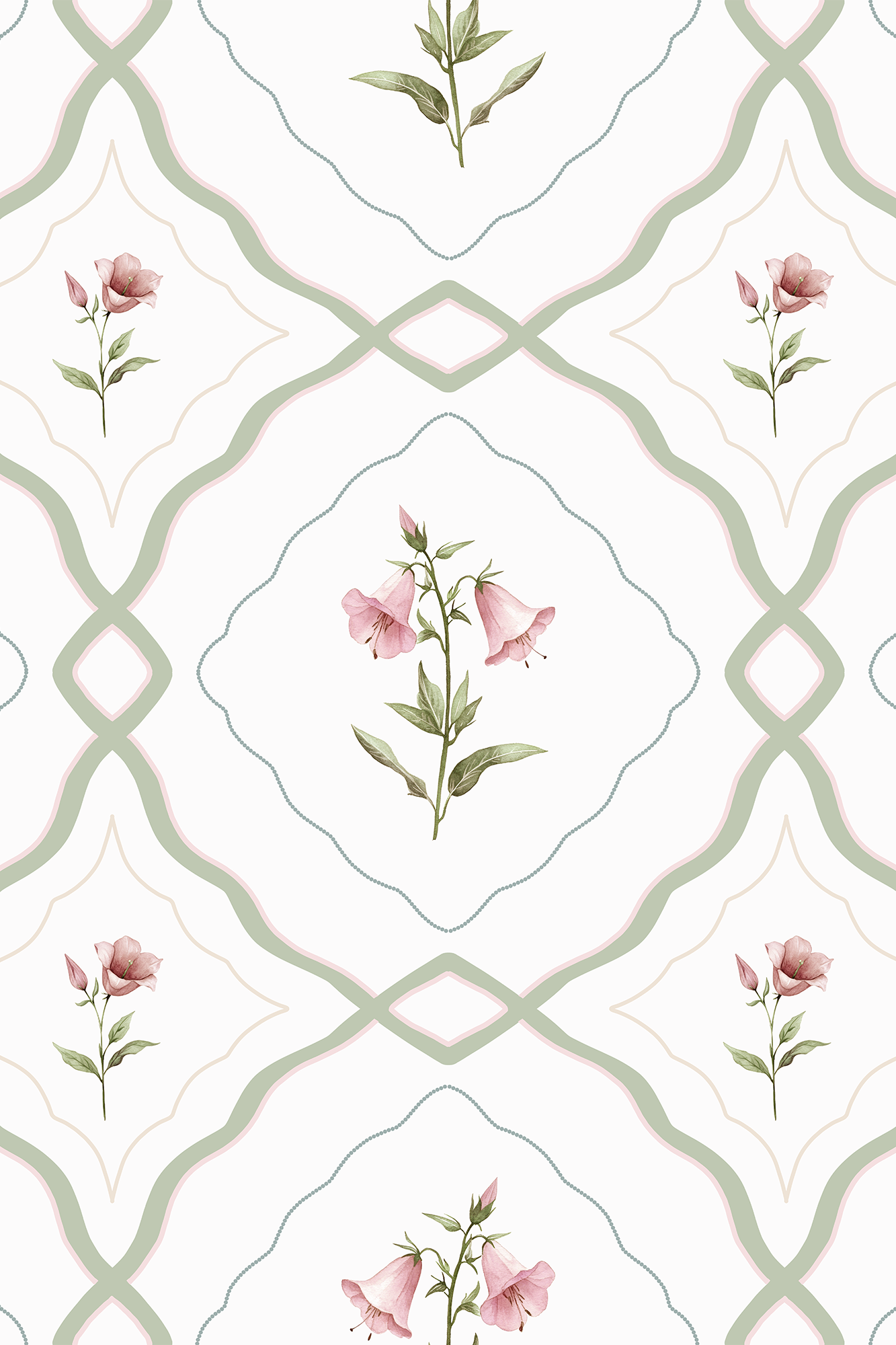 Belle Green and Pink Elegant Bluebell Trellis Wallpaper - Removable Wallpaper (Peel & Stick)