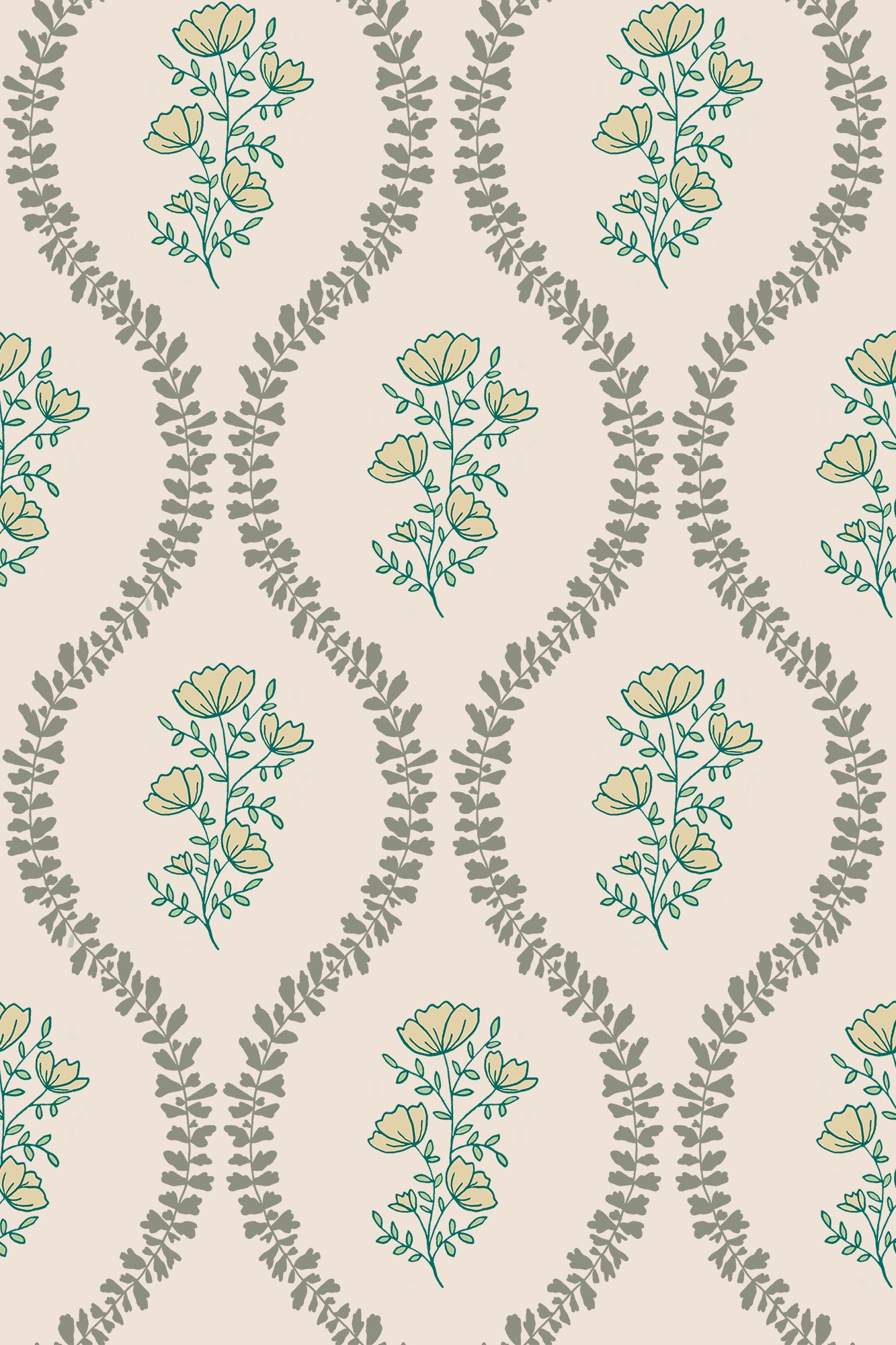 Bessie Turquoise & Yellow English Posy Trellis Wallpaper - Removable Wallpaper (Peel & Stick)