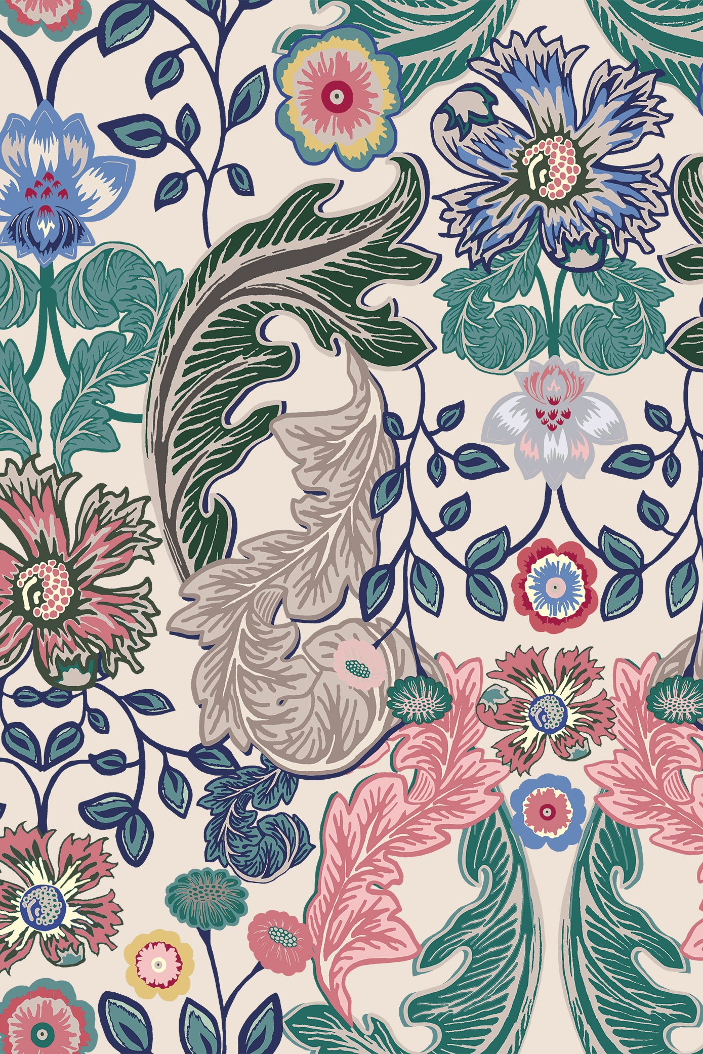 Agatha Pink & Teal Art Nouveau Acanthi Leaf Wallpaper - Removable Wallpaper (Peel & Stick)