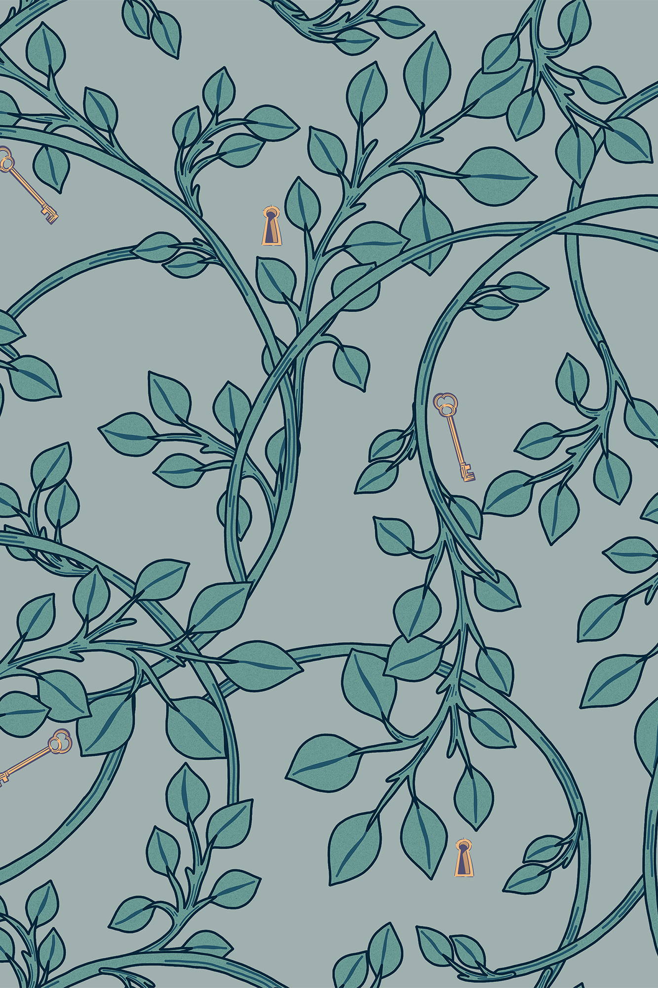 Evie Blue Trailing Ivy and Keys Wallpaper - Removable Wallpaper (Peel & Stick)