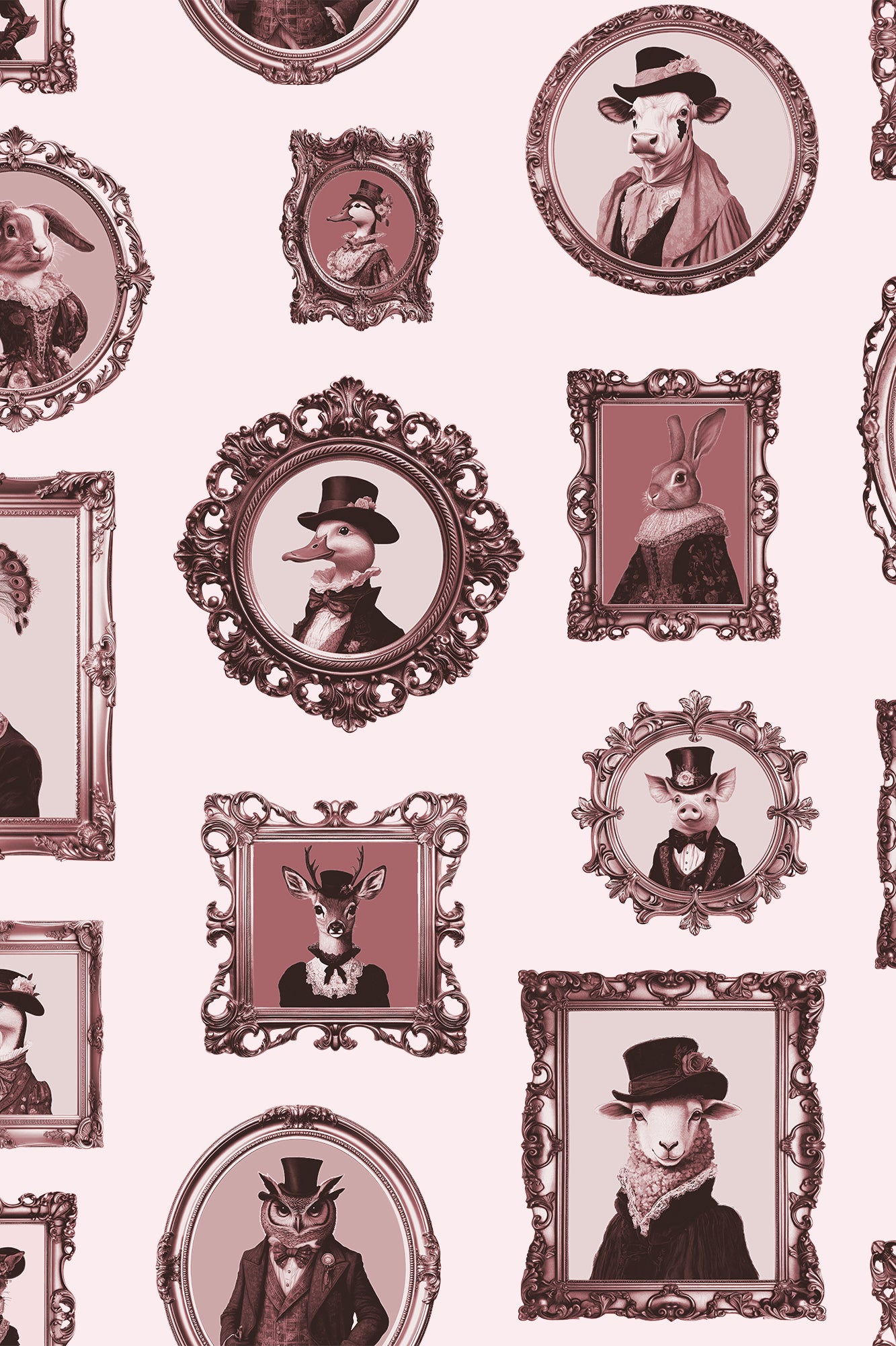 Ezra Pink Antique Framed Victorian Animals Wallpaper - Removable Wallpaper (Peel & Stick)