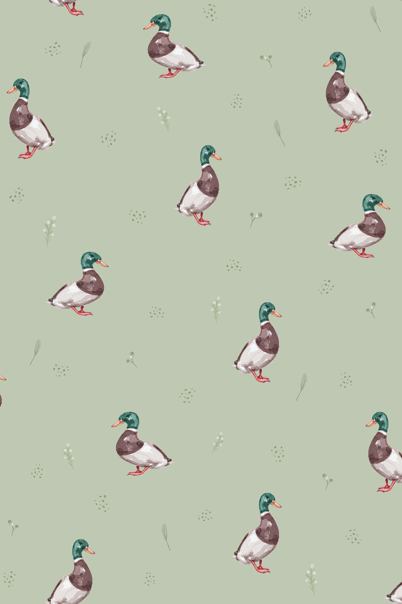 Finley Teal and Orange Watercolour Mallard Duck Pattern Wallpaper - Removable Wallpaper (Peel & Stick)
