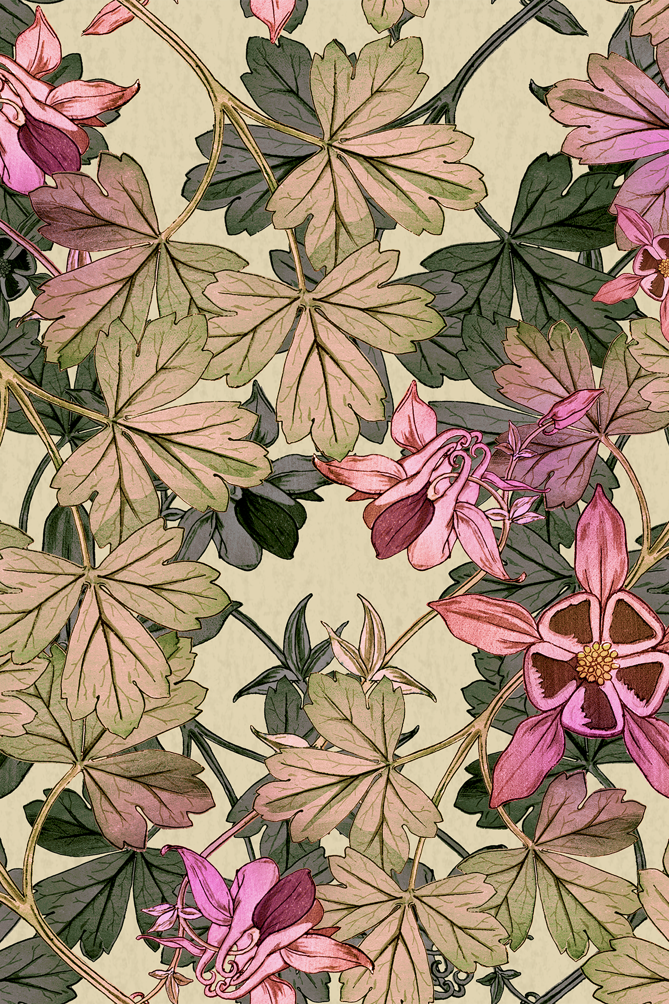 Harriet Pink and Lime Columbine Floral and Foliage Trail Wallpaper - Removable Wallpaper (Peel & Stick)