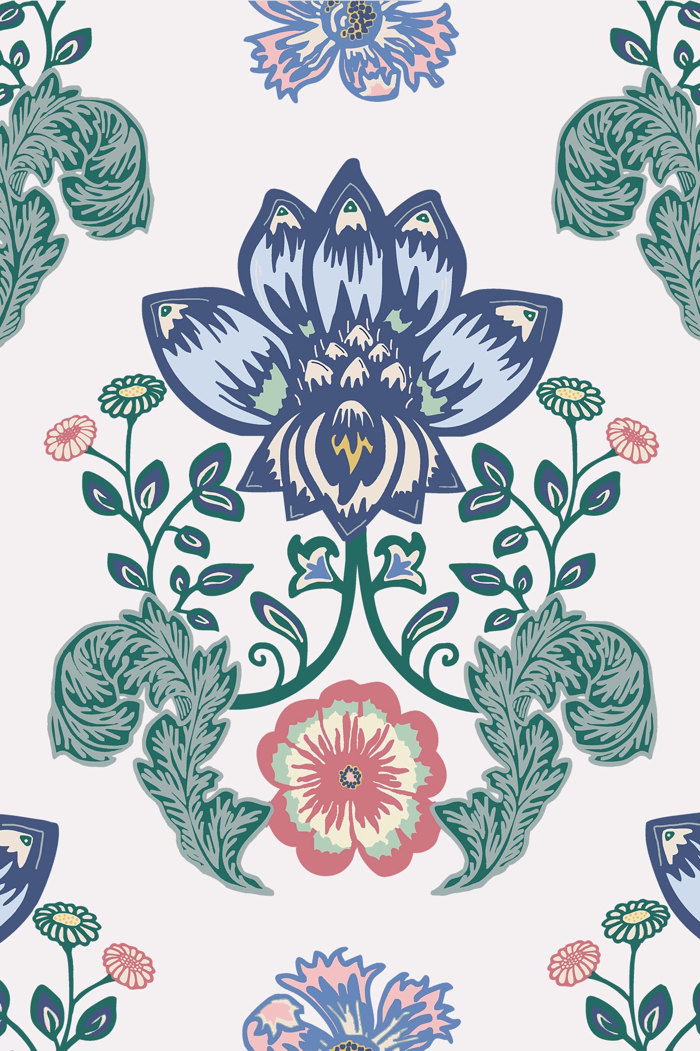 Lilie Blue & Pink Damask Lilypad Foliage Wallpaper - Removable Wallpaper (Peel & Stick)