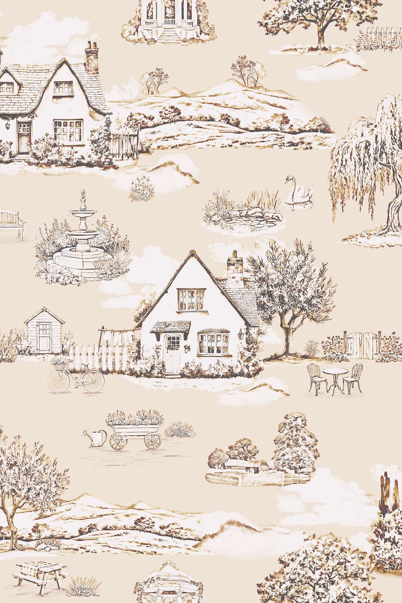 Mabel Neutral Cream Scenic Sketch English Countryside Wallpaper - Removable Wallpaper (Peel & Stick)