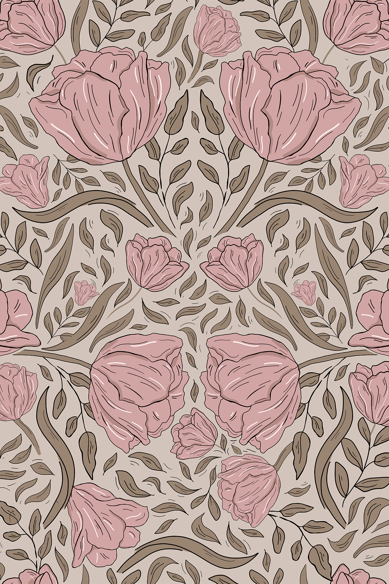 Martha Pink and Beige Tulip Trail Wallpaper - Removable Wallpaper (Peel & Stick)