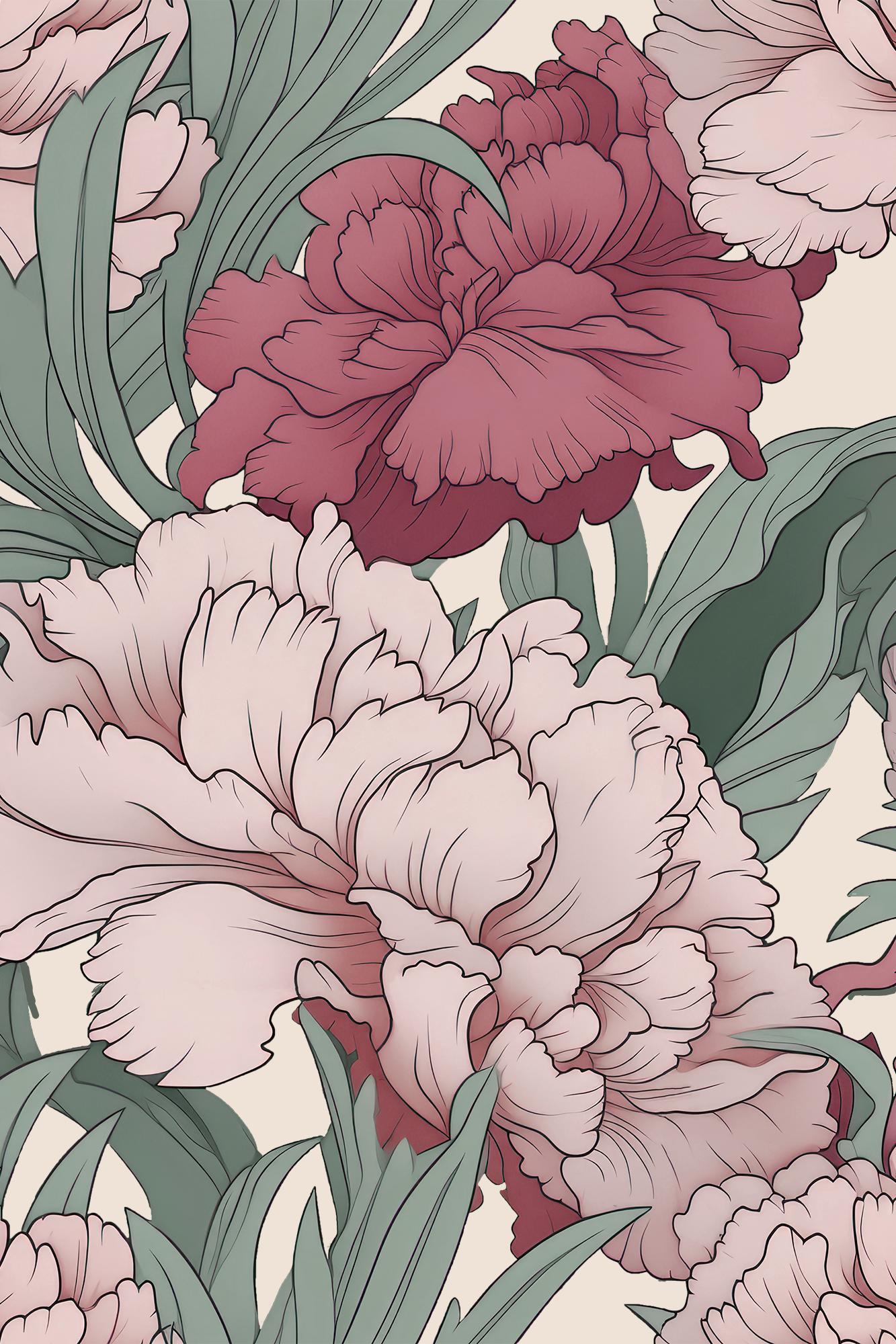 Ophelia Pink and Green Blooming Floral Carnations Wallpaper - Removable Wallpaper (Peel & Stick)