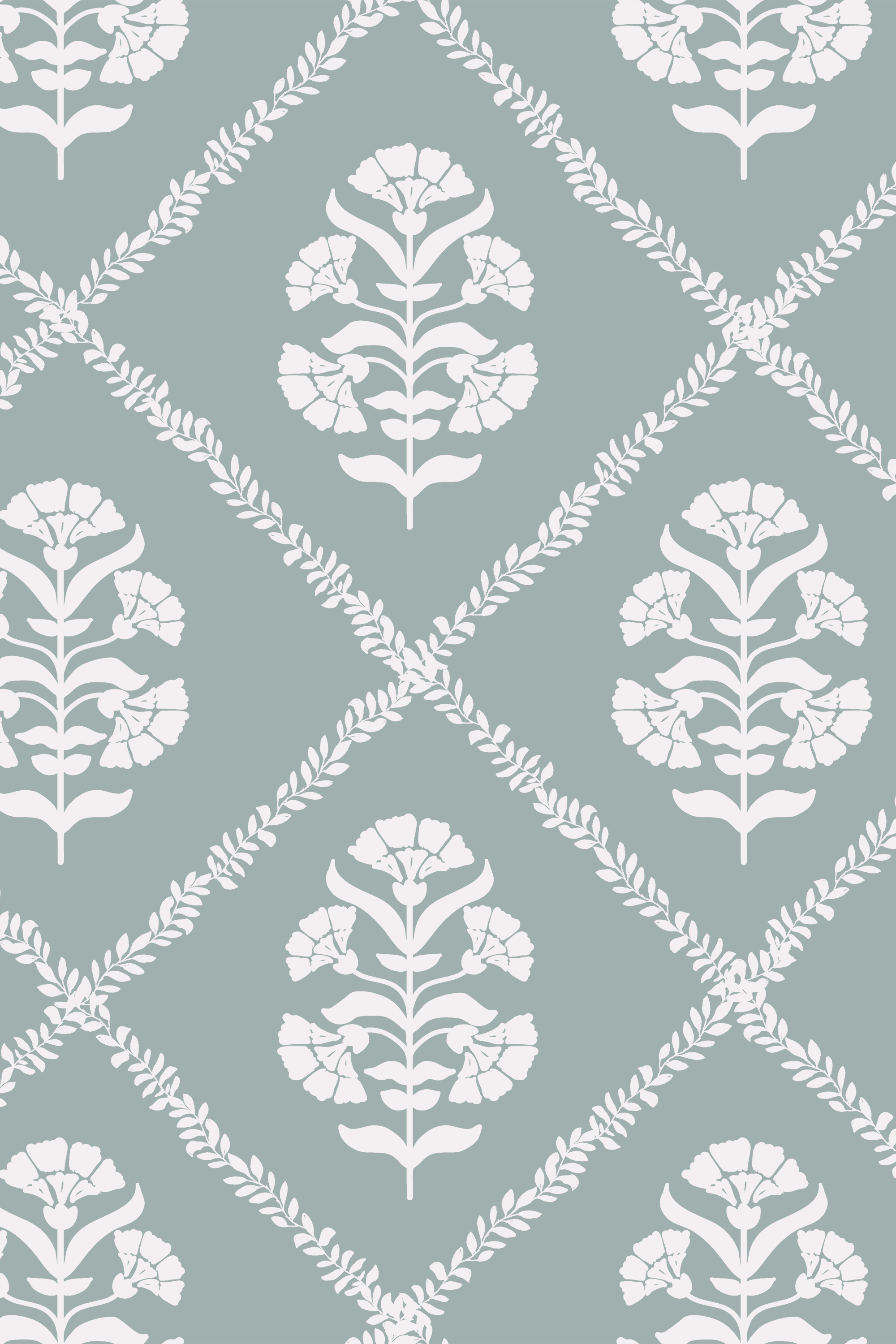 Posy White & Teal Block Print Floral Trellis Wallpaper - Removable Wallpaper (Peel & Stick)