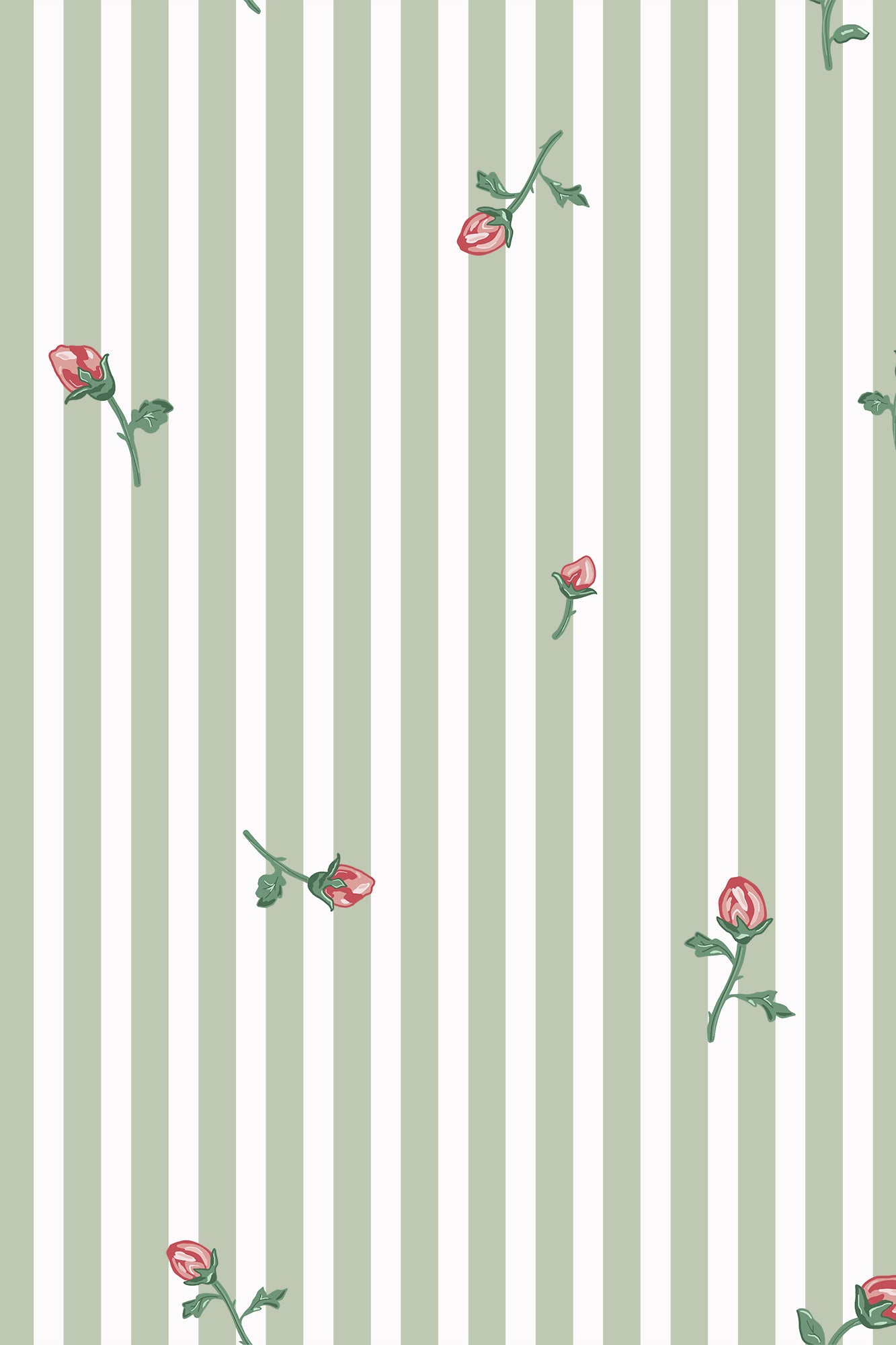 Rosabelle Green & Pink Ditsy Rose Bud Striped Wallpaper - Removable Wallpaper (Peel & Stick)