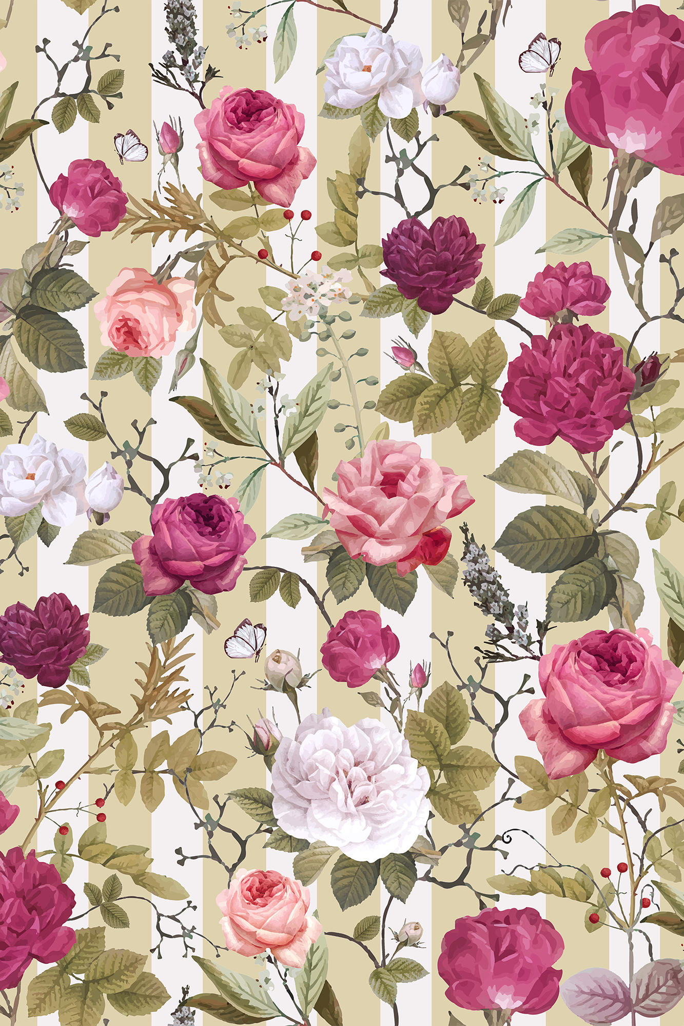 Rosalie Fuchsia Pink Striped Floral Vintage Rose Wallpaper - Removable Wallpaper (Peel & Stick)