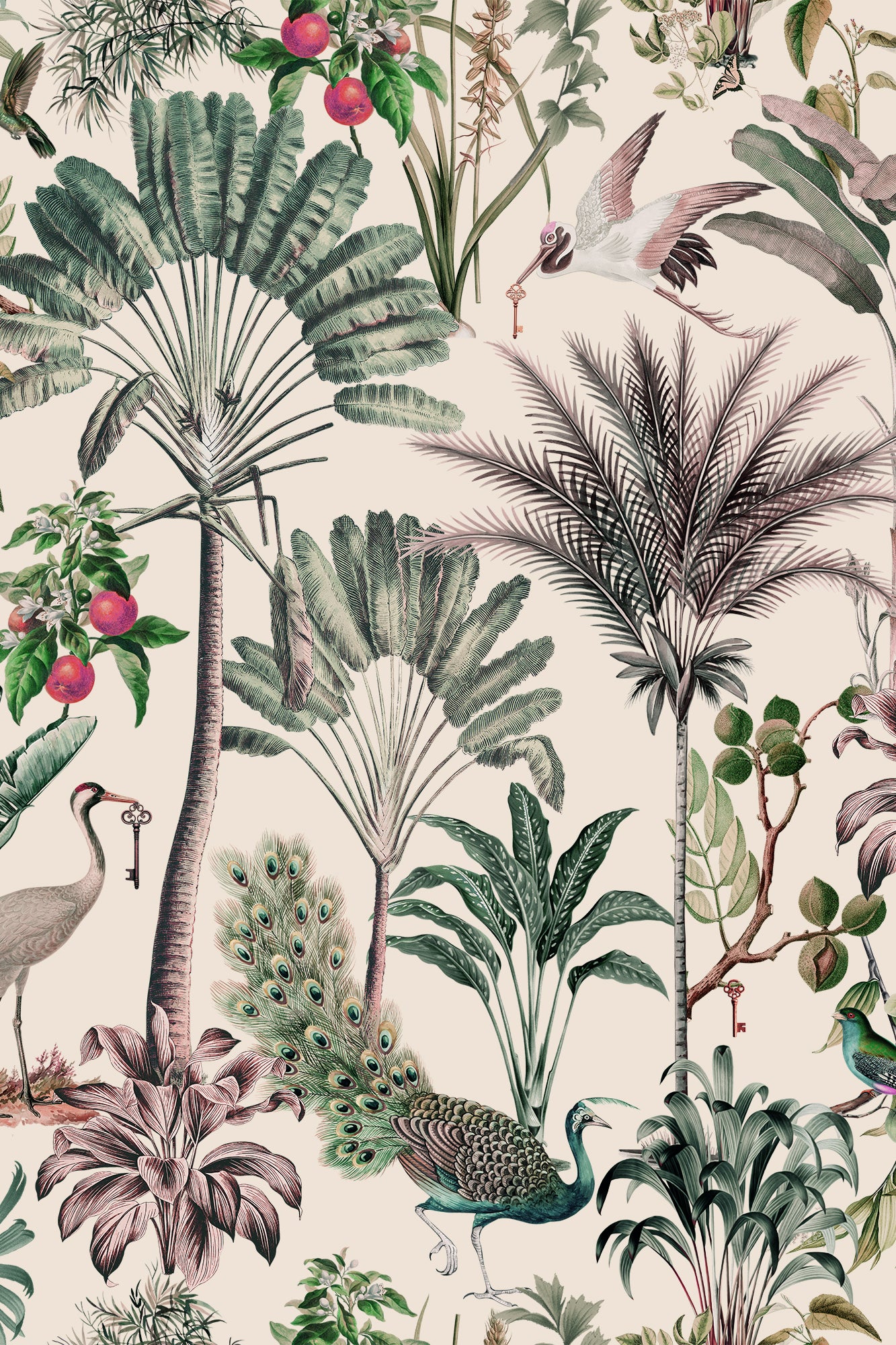 Royal Daya Pink & Green Elegant Bird and Palms Wallpaper - Removable Wallpaper (Peel & Stick)