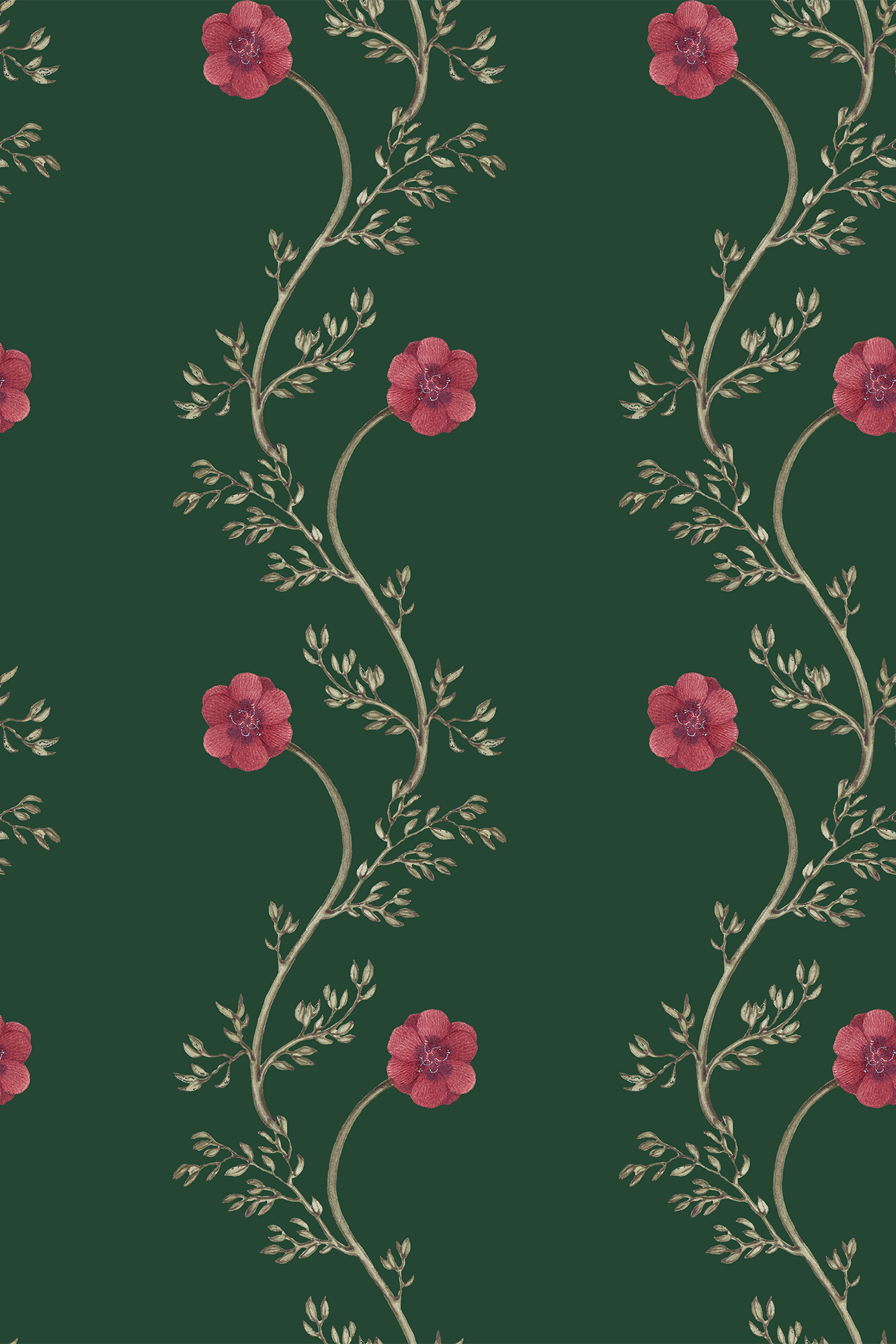 Ruby Pink and Green Wild Flower Striped Trellis Wallpaper - Removable Wallpaper (Peel & Stick)