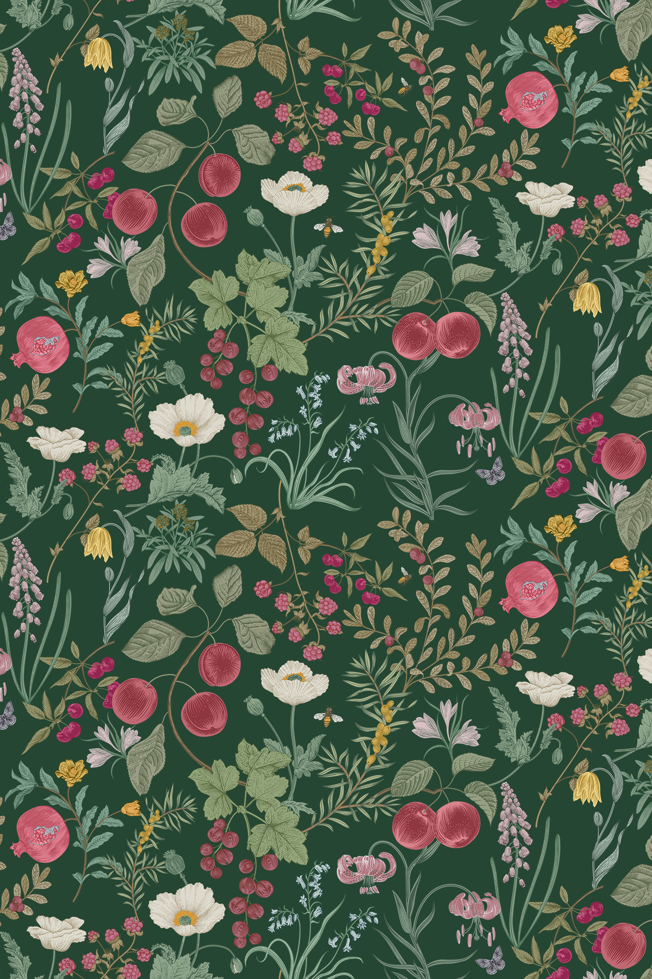 Victoria Dark Green Floral Berry Wallpaper - Removable Wallpaper (Peel & Stick)