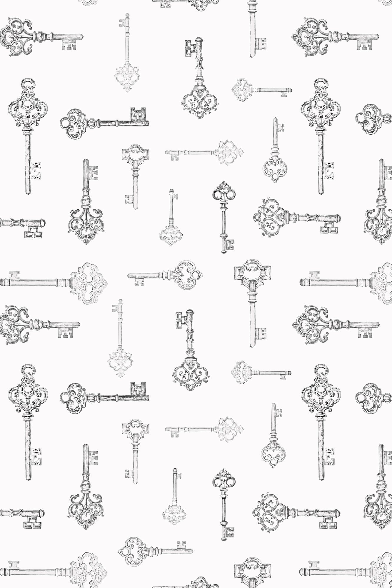 Kingsley Grey on White Traditional Antique Keys Wallpaper - Removable Wallpaper (Peel & Stick)