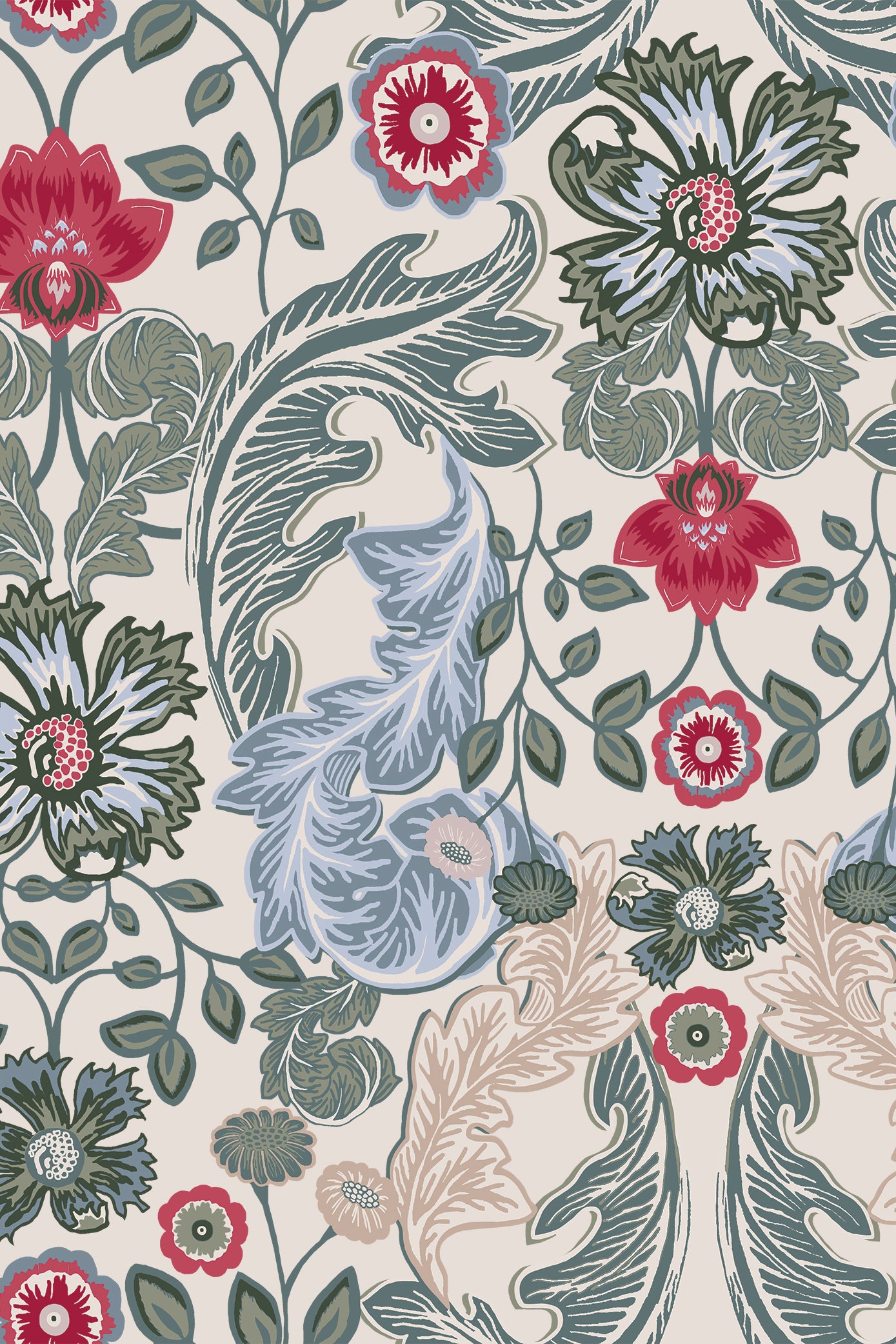Brontë Blue & Berry Red Acanthi Leaf Blooms Wallpaper - Removable Wallpaper (Peel & Stick)