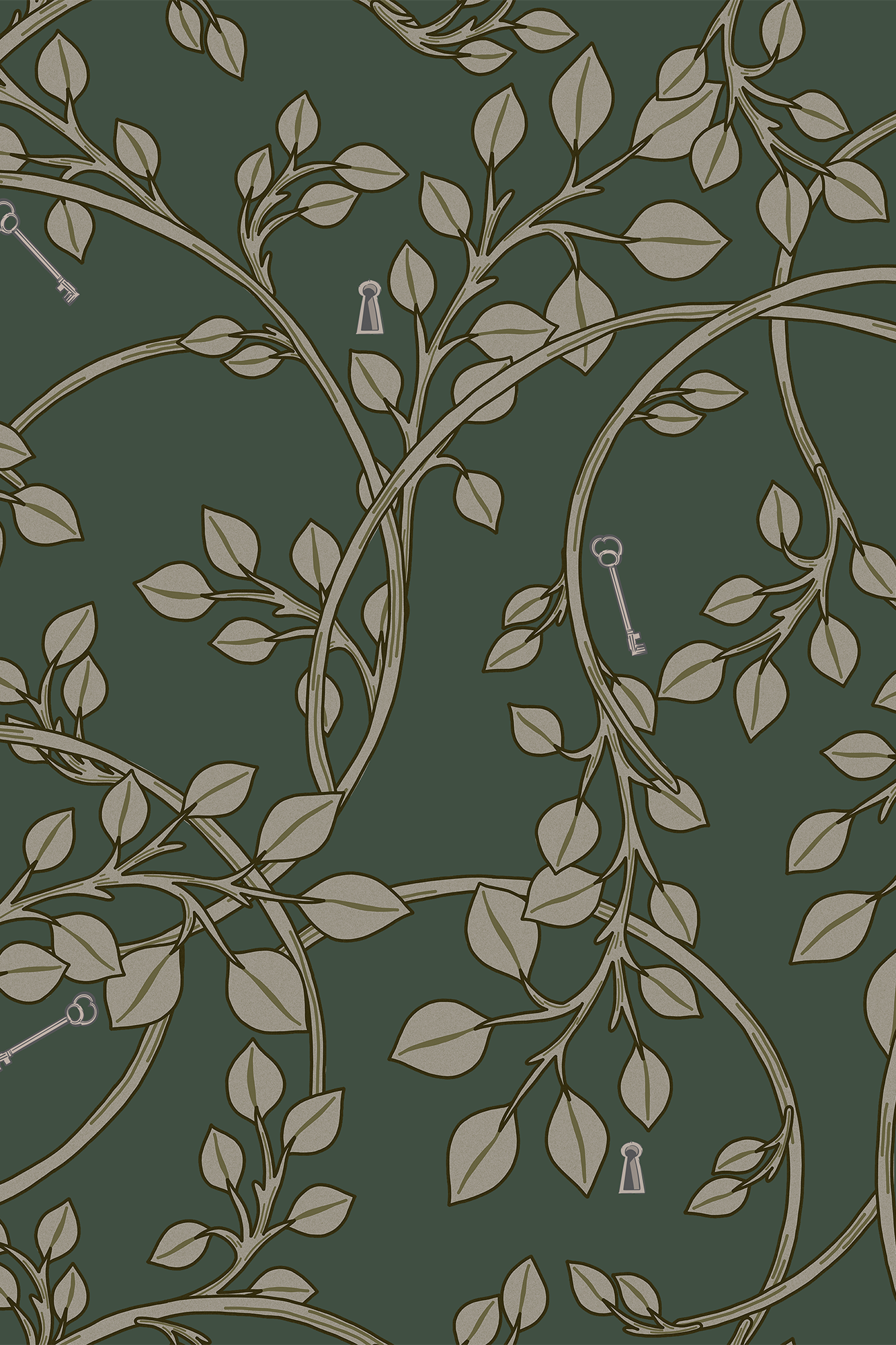 Evie Green Trailing Ivy and Keys Wallpaper - Removable Wallpaper (Peel & Stick)