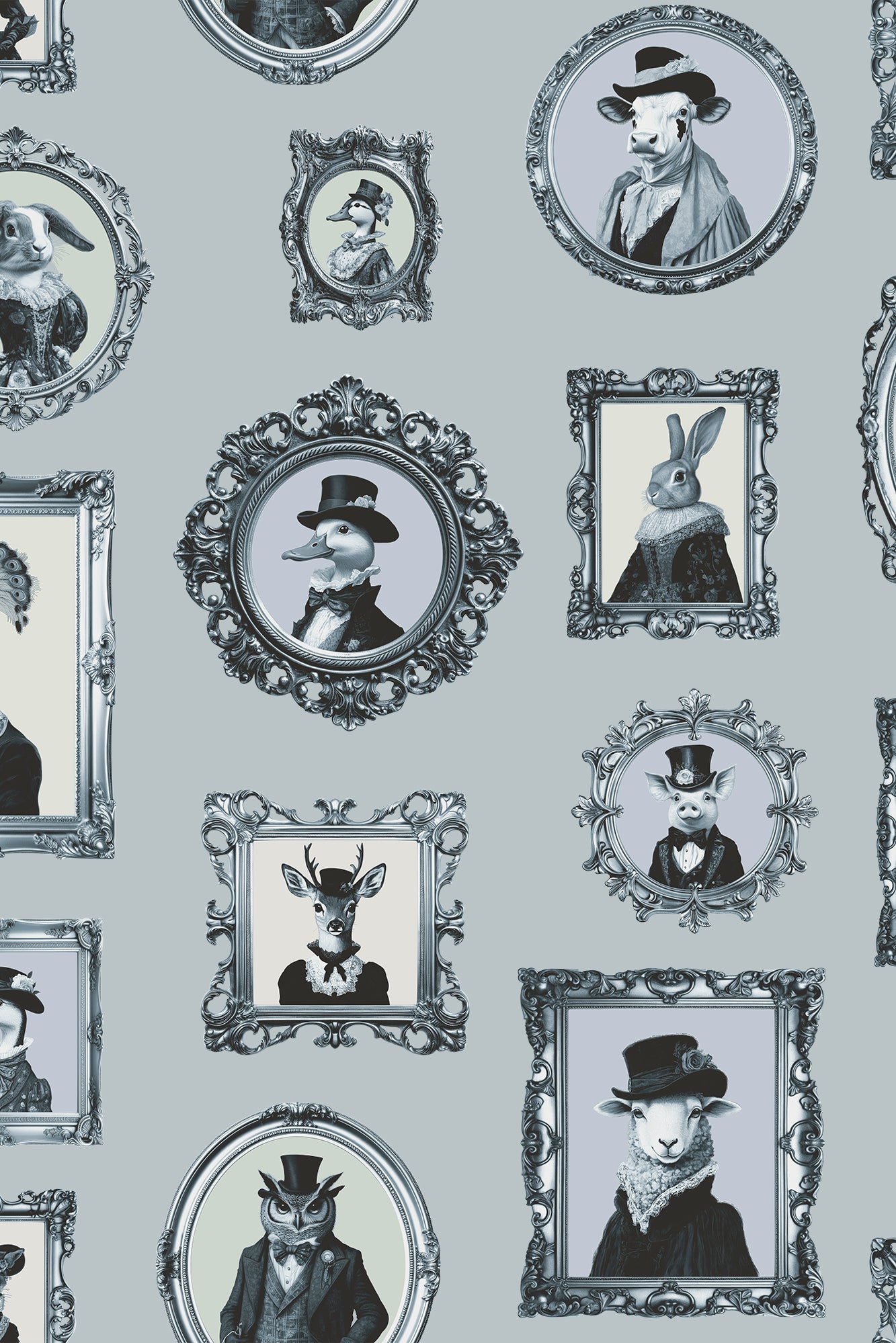 Ezra Blue Antique Framed Victorian Animals Wallpaper - Removable Wallpaper (Peel & Stick)