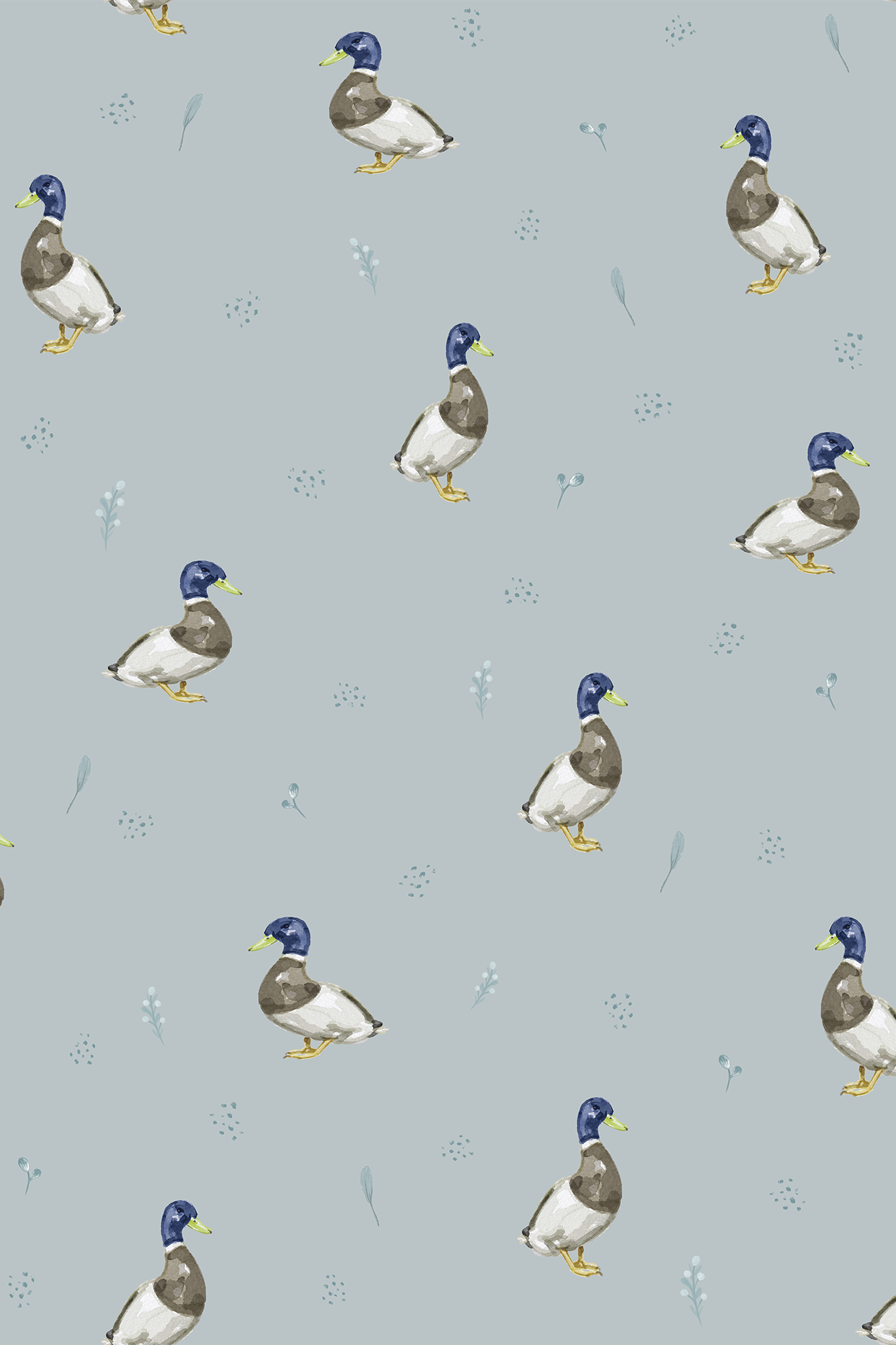 Finley Blue and Yellow Watercolour Mallard Duck Pattern Wallpaper - Removable Wallpaper (Peel & Stick)