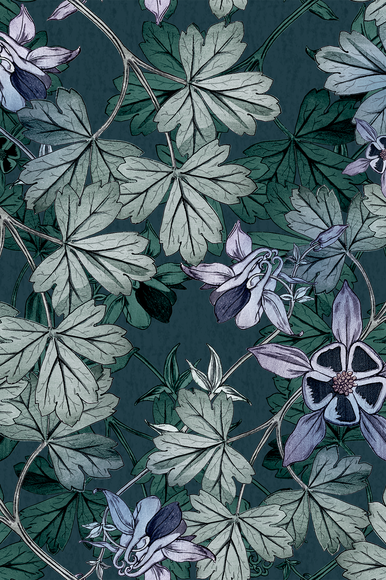 Harriet Teal and Blue Columbine Floral and Foliage Trail Wallpaper - Removable Wallpaper (Peel & Stick)