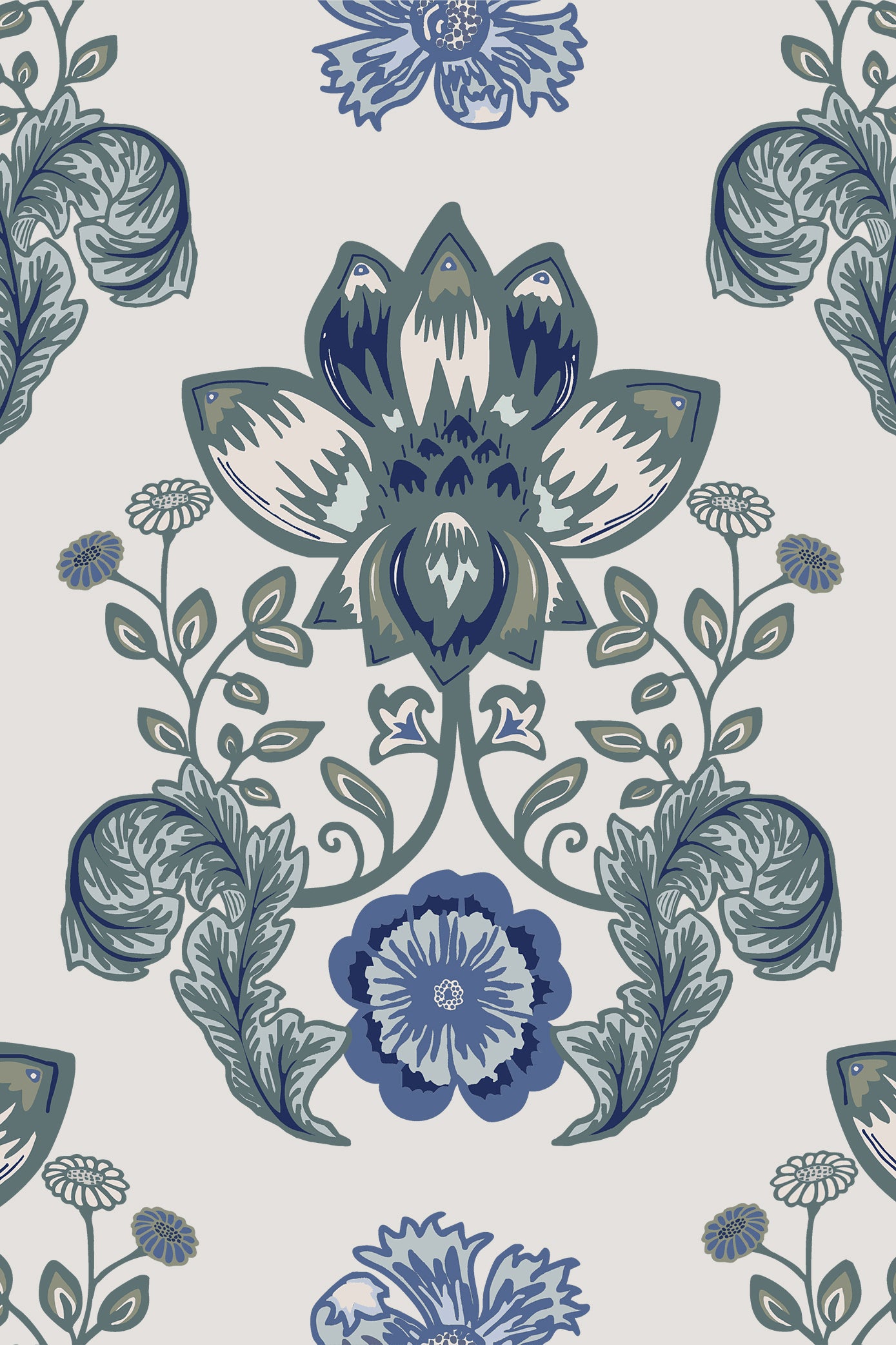 Lilie Blue Damask Lilypad Foliage Wallpaper - Removable Wallpaper (Peel & Stick)