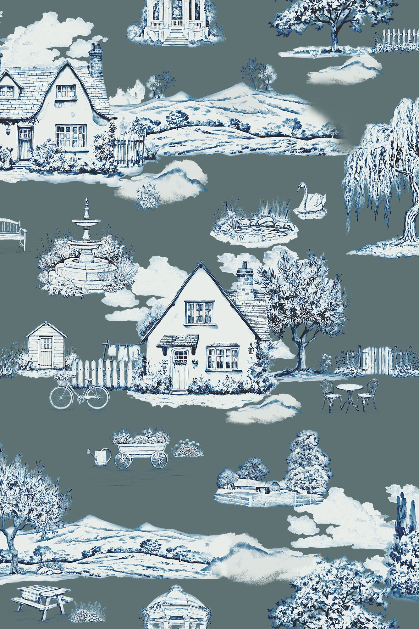 Mabel Dark Slate Grey Scenic Sketch English Countryside Wallpaper - Traditional Wallpaper (Paste-the-Wall)