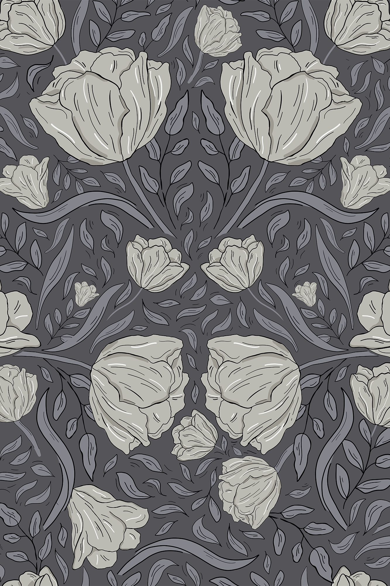 Martha Grey and Blue Tulip Trail Wallpaper - Removable Wallpaper (Peel & Stick)