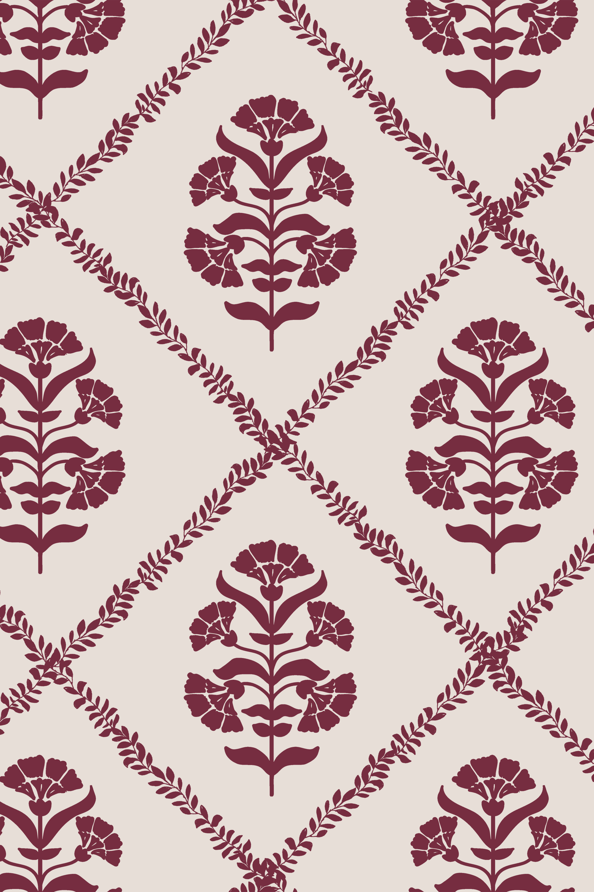 Posy Burgundy & Cream Block Print Floral Trellis Wallpaper - Removable Wallpaper (Peel & Stick)
