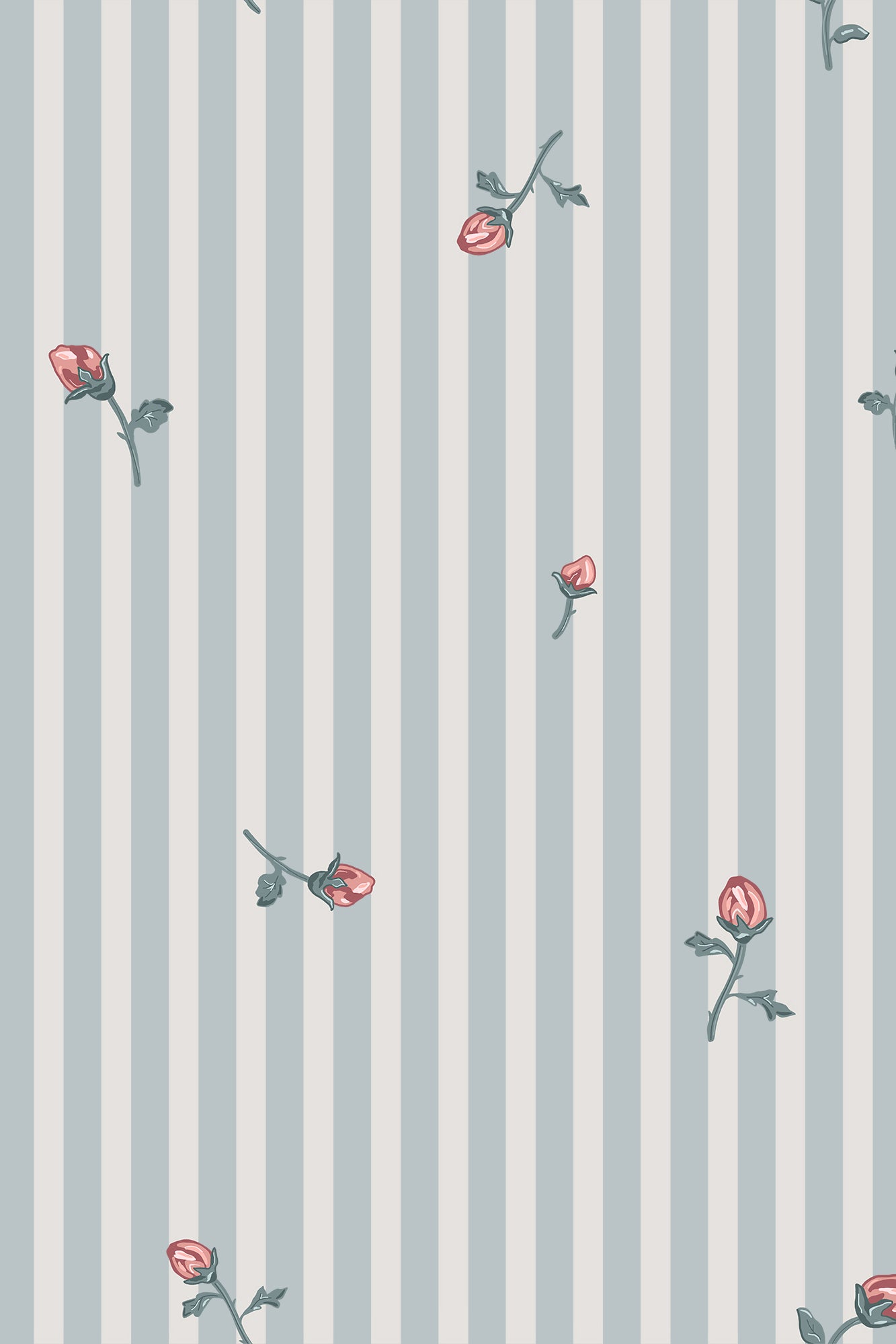 Rosabelle Blue & Pink Ditsy Rose Bud Striped Wallpaper - Removable Wallpaper (Peel & Stick)