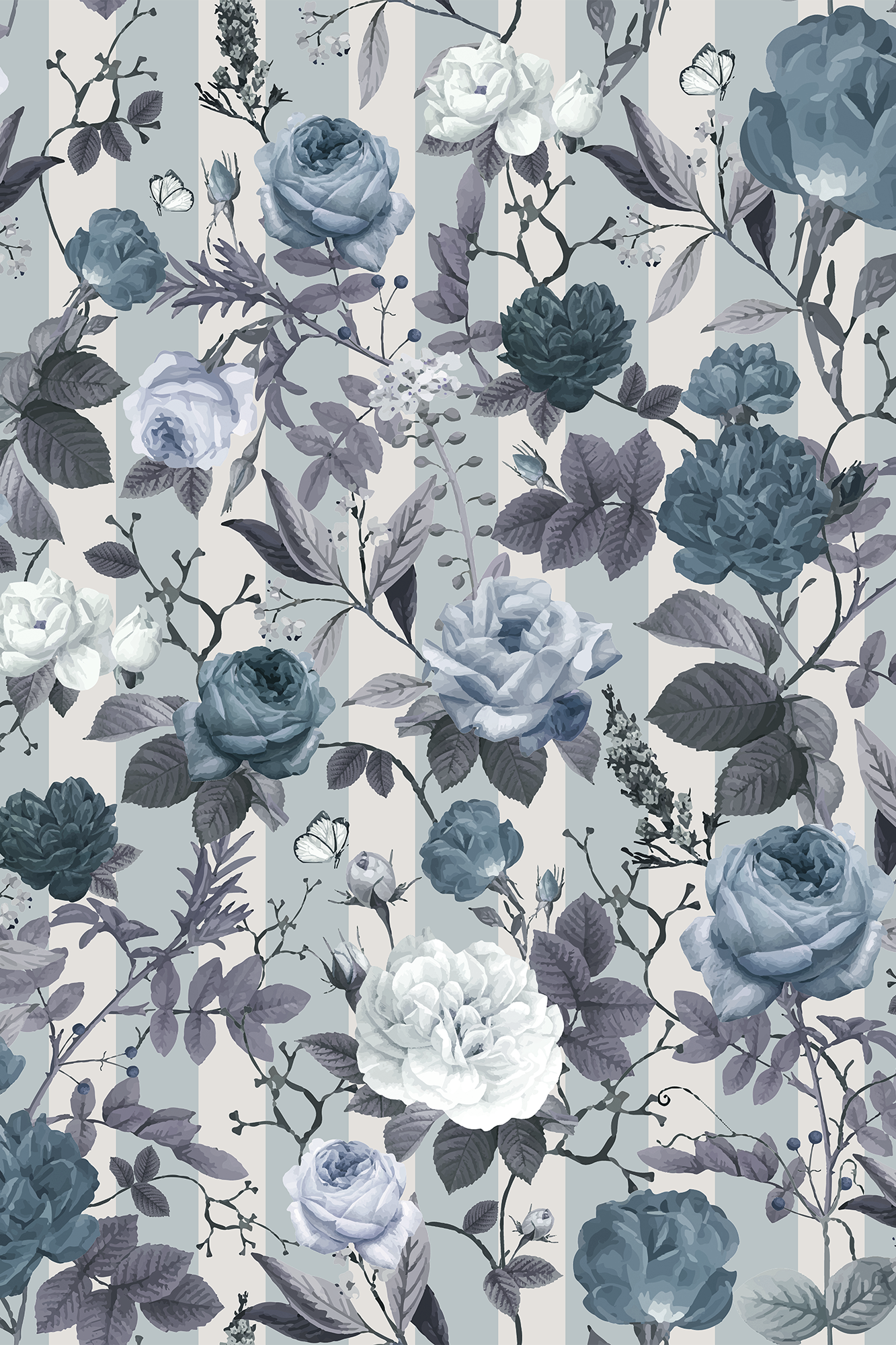 Rosalie White & Navy Striped Floral Vintage Rose Wallpaper - Removable Wallpaper (Peel & Stick)