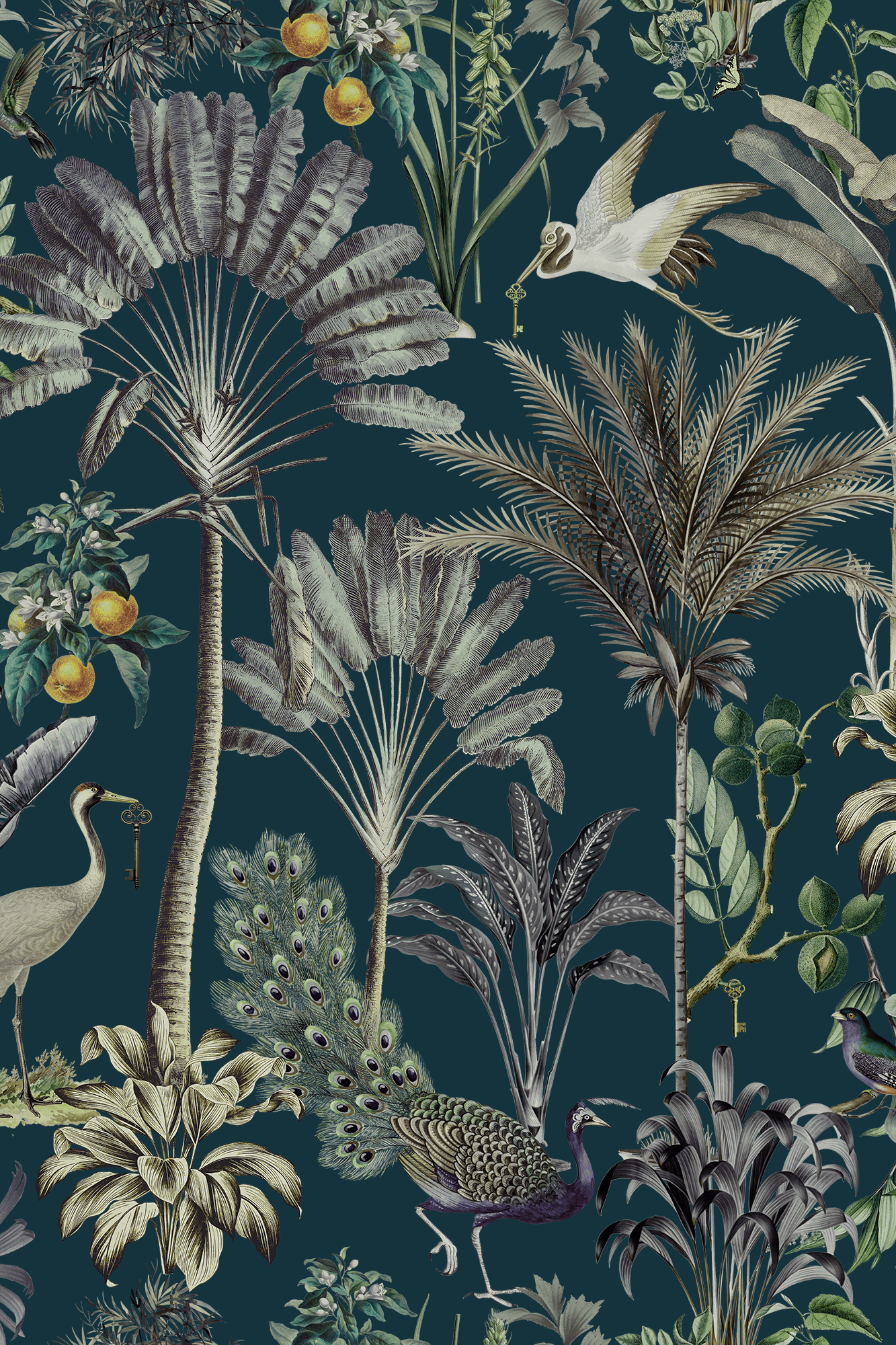 Royal Daya Blue-Green Elegant Bird and Palms Wallpaper - Removable Wallpaper (Peel & Stick)