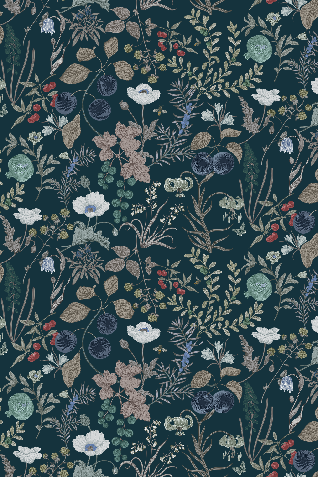 Victoria Dark Blue Floral Berry Wallpaper - Removable Wallpaper (Peel & Stick)