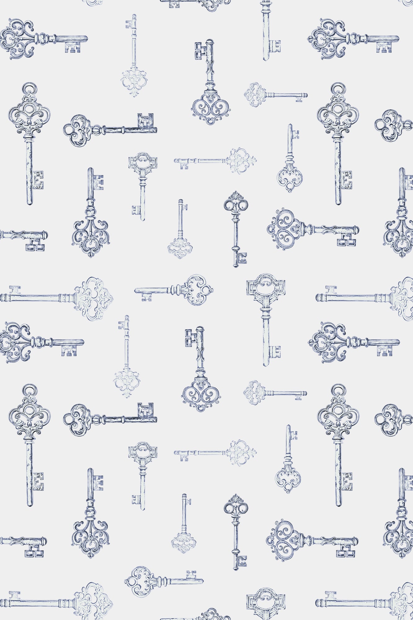 Kingsley Blue on White Traditional Antique Keys Wallpaper - Removable Wallpaper (Peel & Stick)